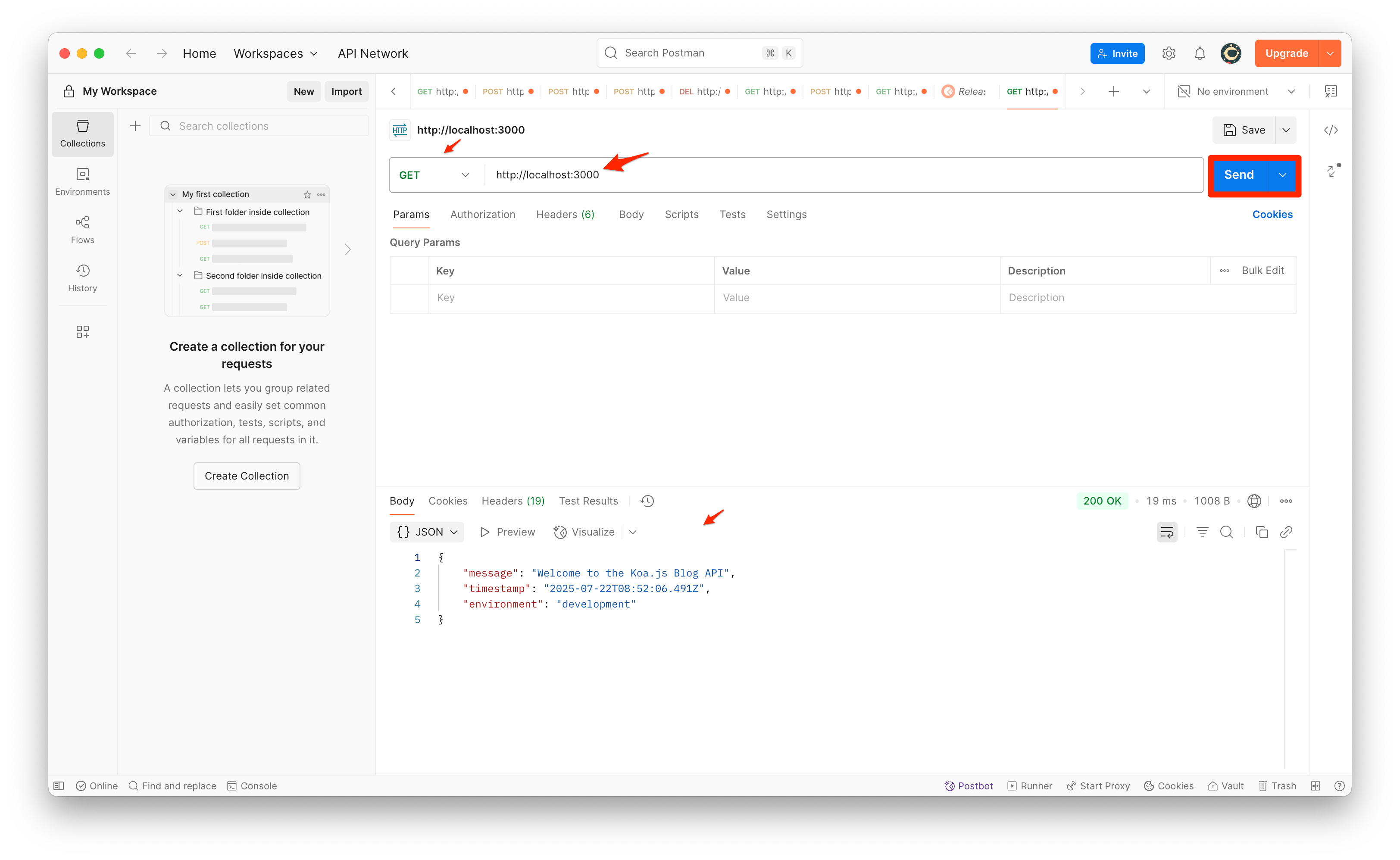 Screenshot of Postman testing the root endpoint