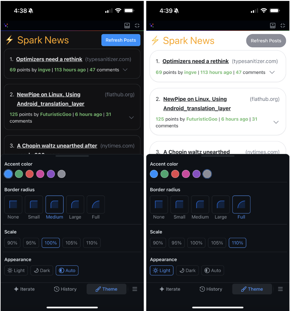 Screenshot: GitHub Spark's theme editor showing color, border radius, and spacing controls