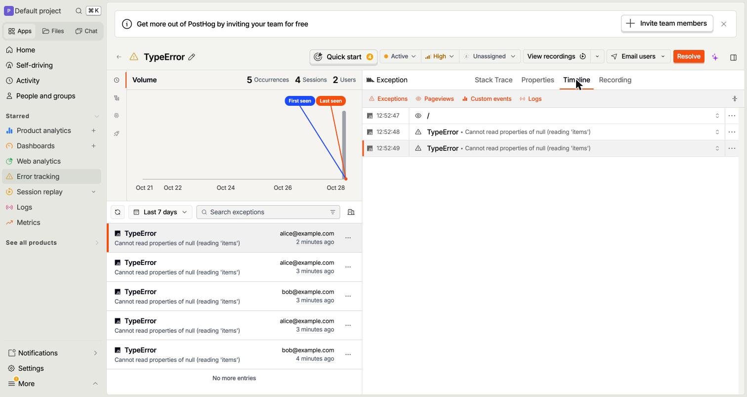 PostHog Timeline tab with pageviews, exceptions, events and logs