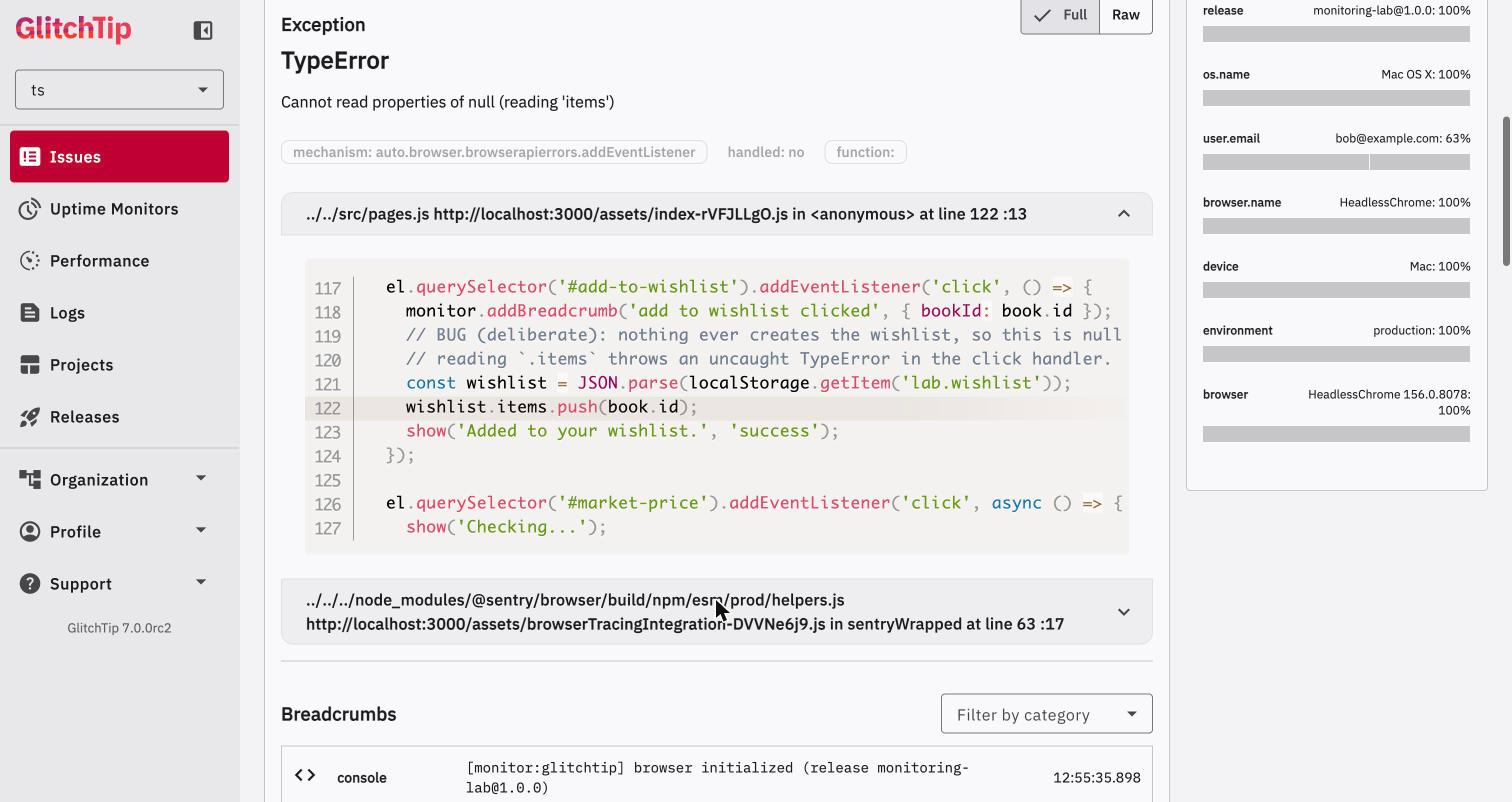 GlitchTip wishlist error with source-mapped code
