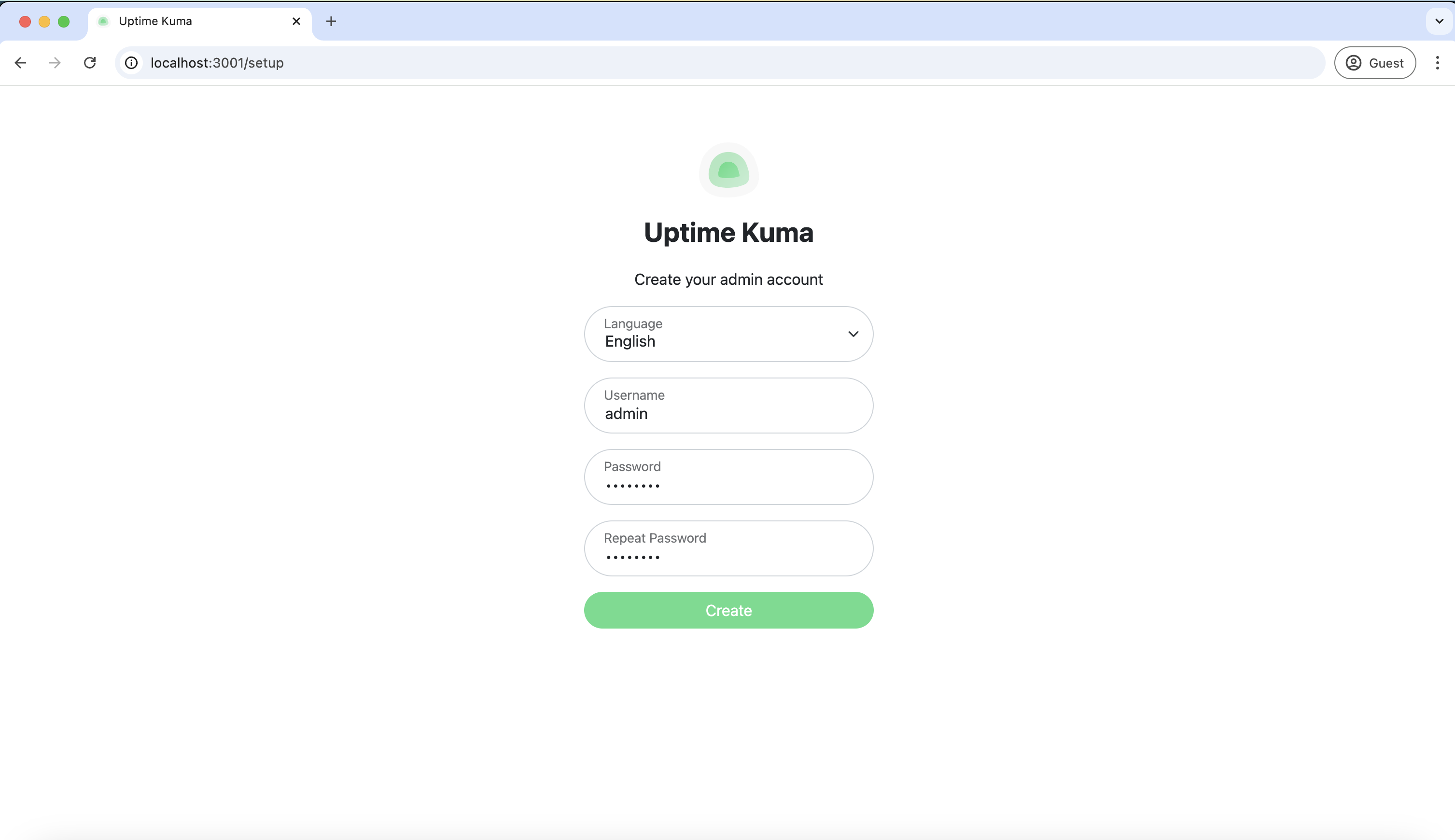 Filled signup page with username and password