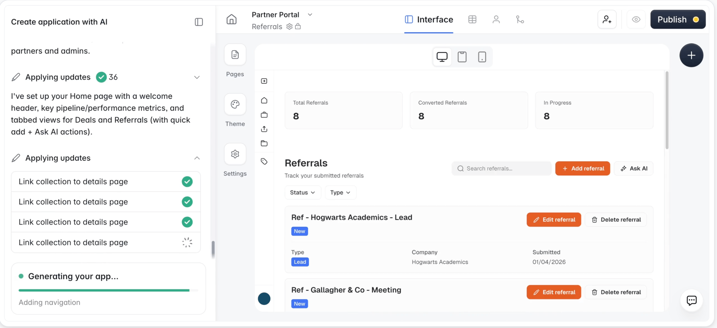 Softr AI app builder interface showing the co-builder generating a portal with database, workflows, and permissions