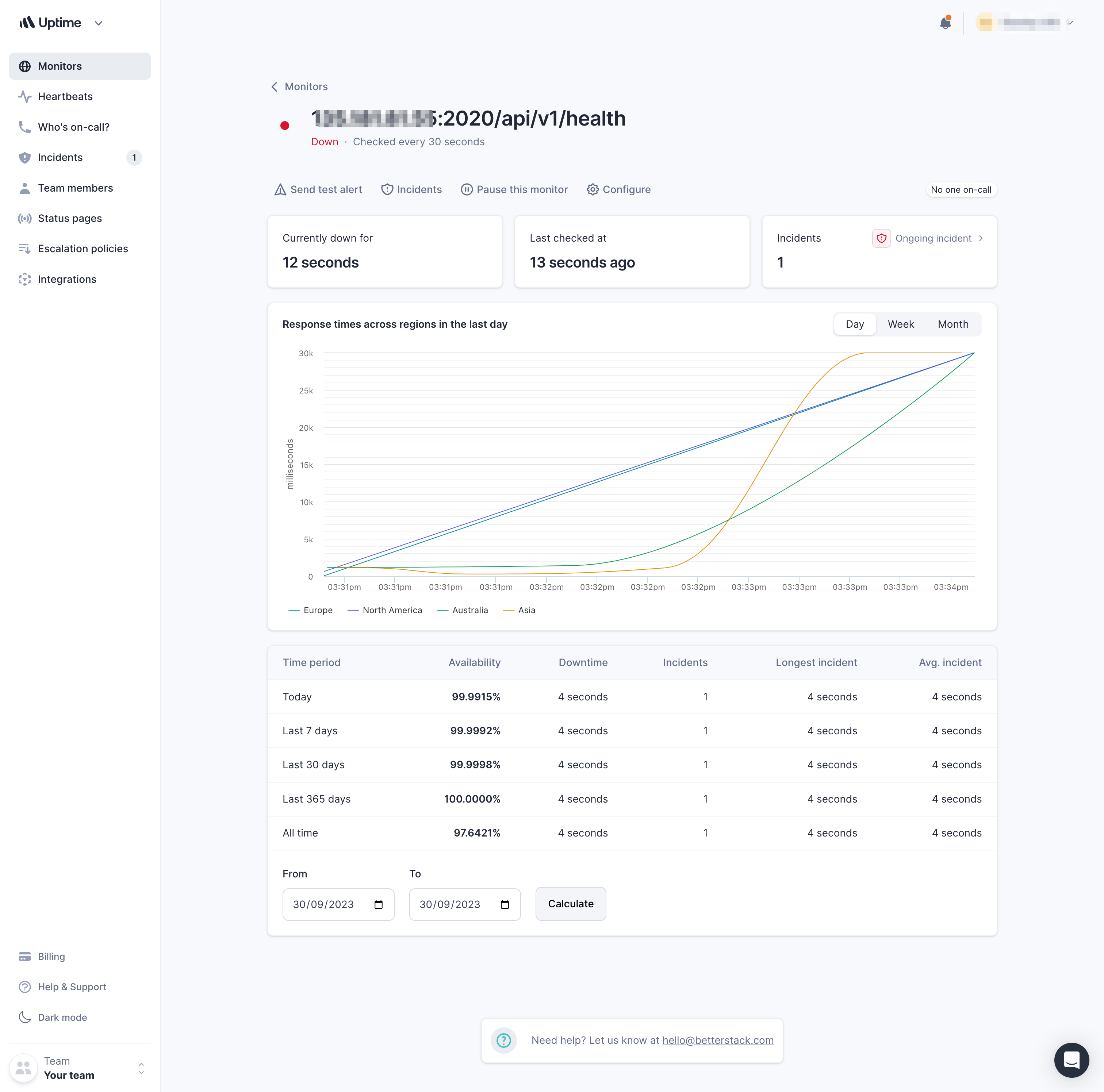 Screenshot of Better Stack indicating that the health endpoint doesn't work