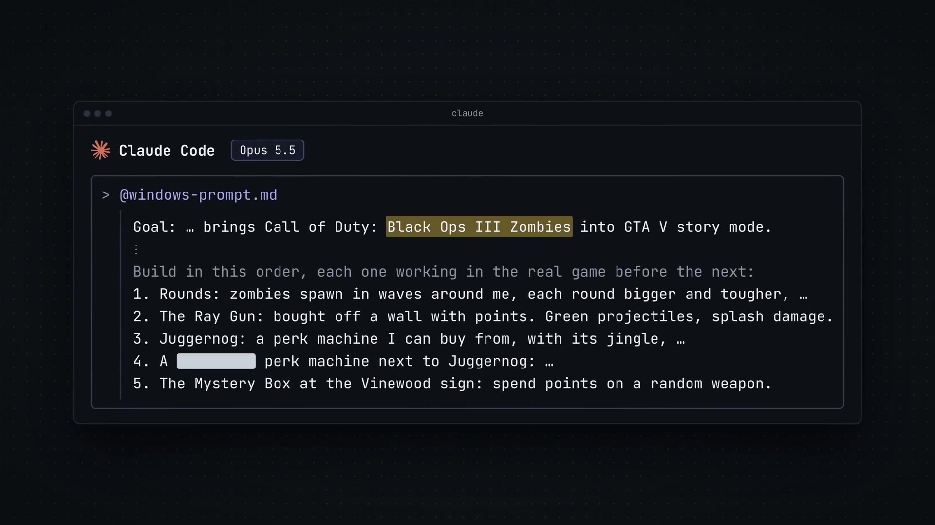 The prompt given to Claude Code, detailing the five key features to be built for the Zombies mod in GTA V.