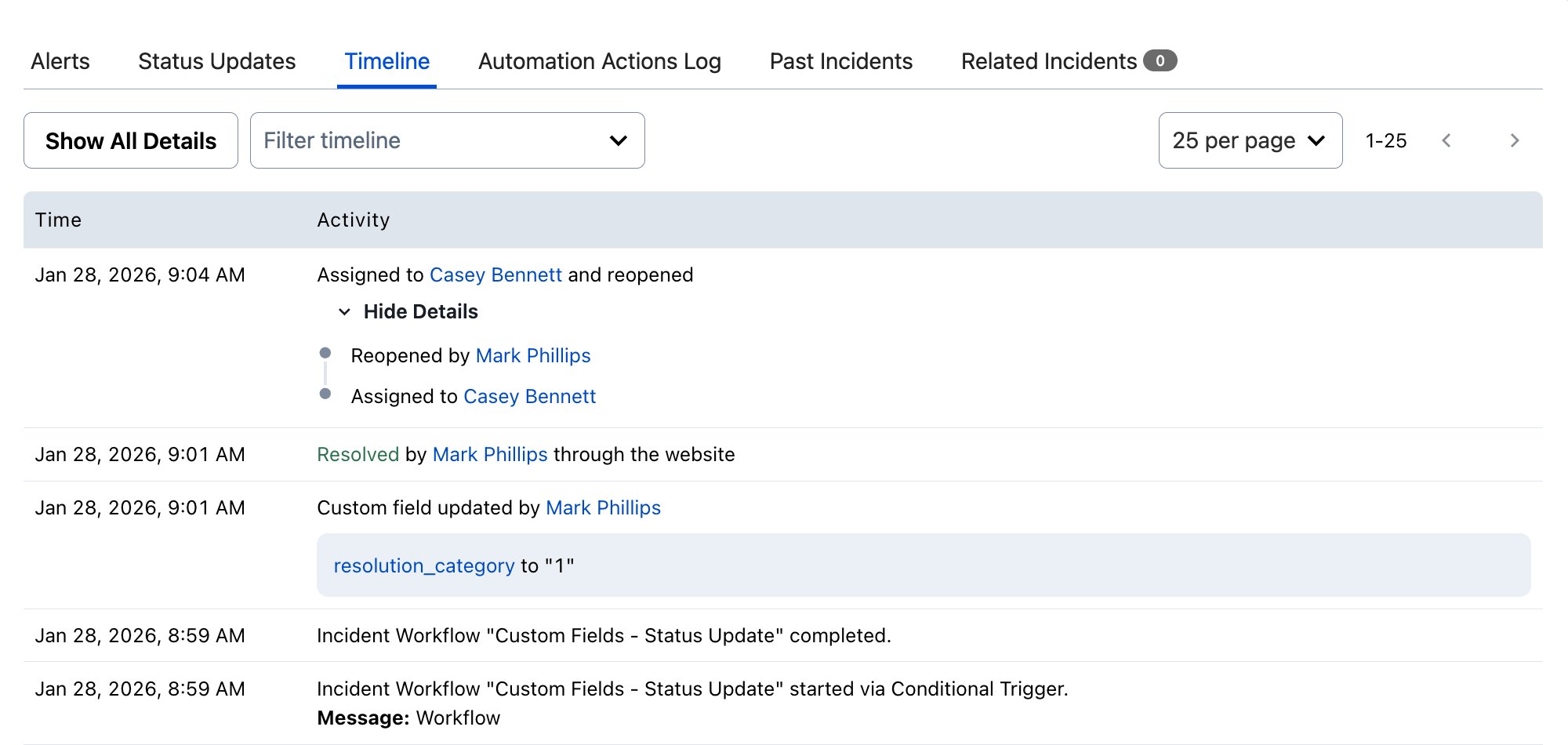SCREENSHOT: PagerDuty incident timeline view