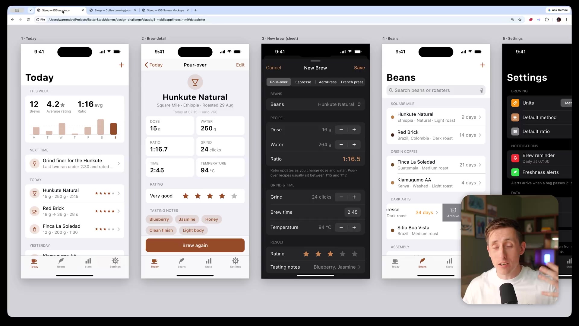 A side-by-side comparison of the coffee rating apps from all three models, highlighting their generic and unpolished appearance.