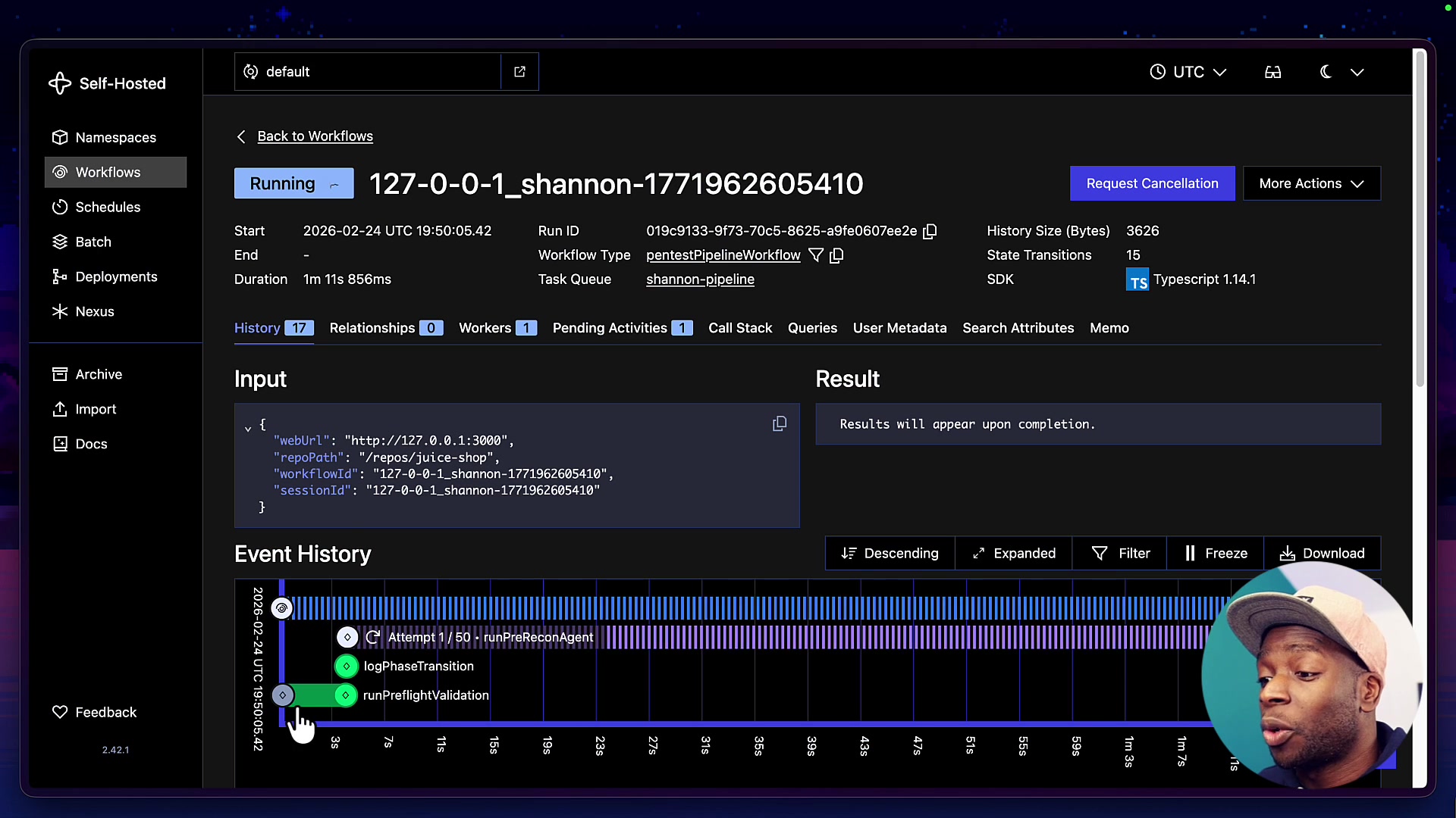The Temporal Web UI, showing the detailed event history and timeline of a running Shannon workflow.