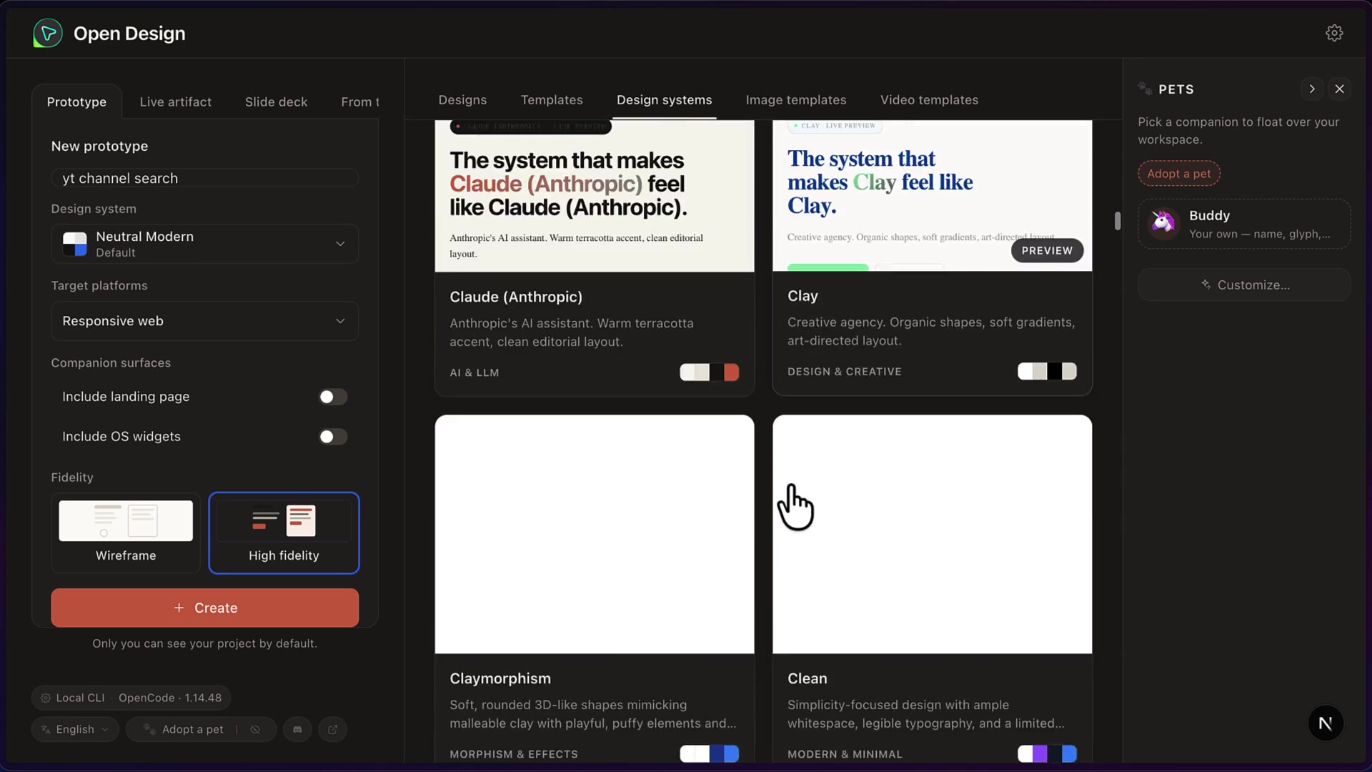 Gallery of available design systems including Bento, Cal.com, and ClickHouse each with unique aesthetics