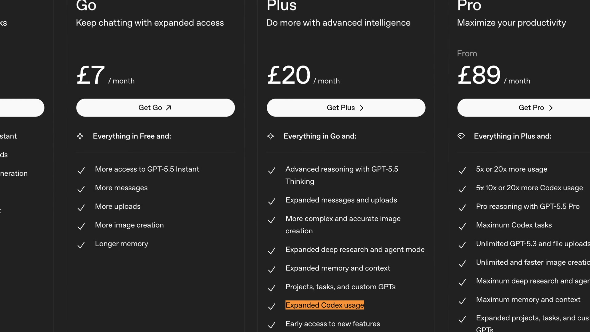 ChatGPT subscription tier comparison highlighting that expanded Codex usage is included in the Plus plan