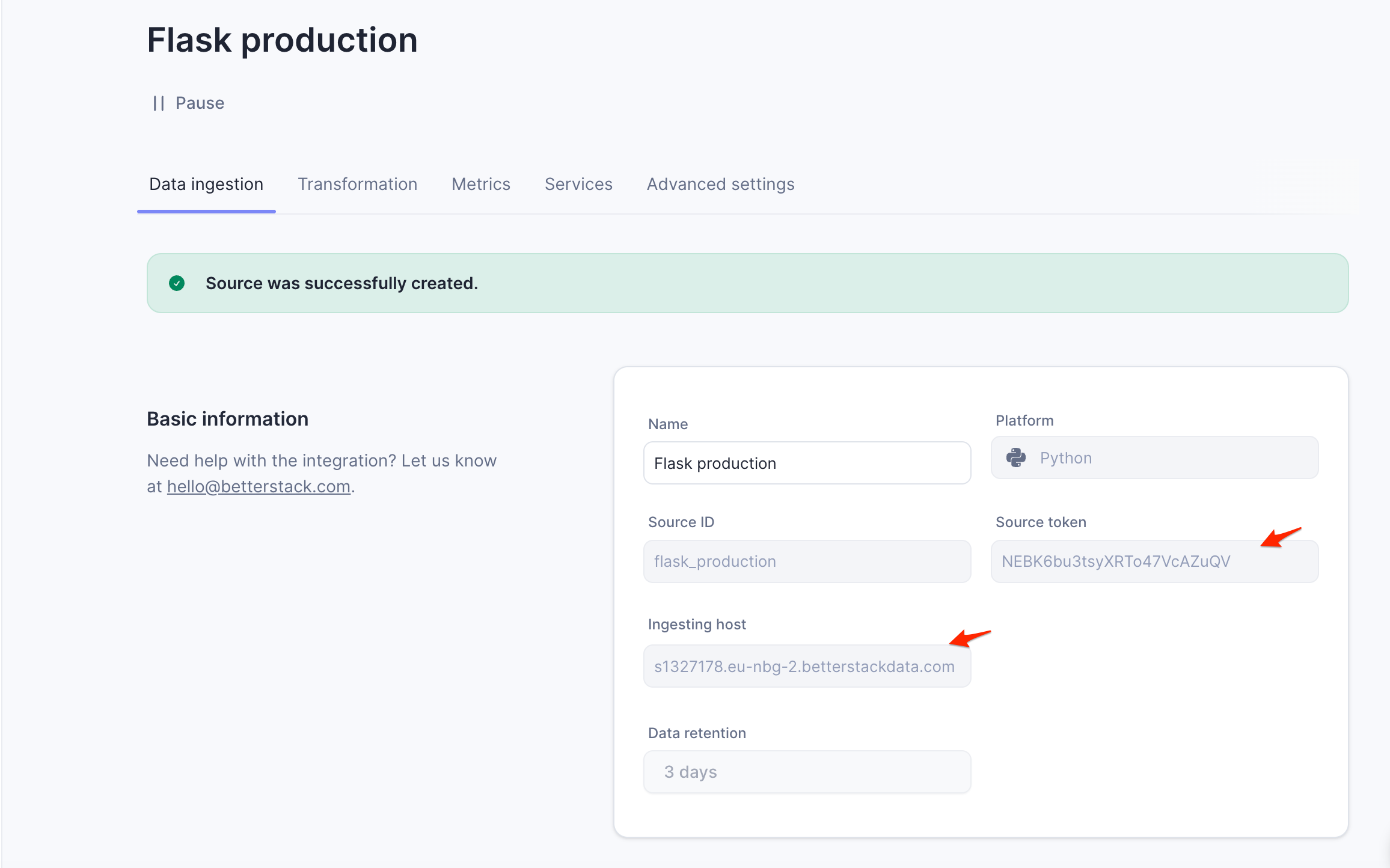 Screenshot of the Better Stack interface showing a created log source with the source token and ingestion host highlighted