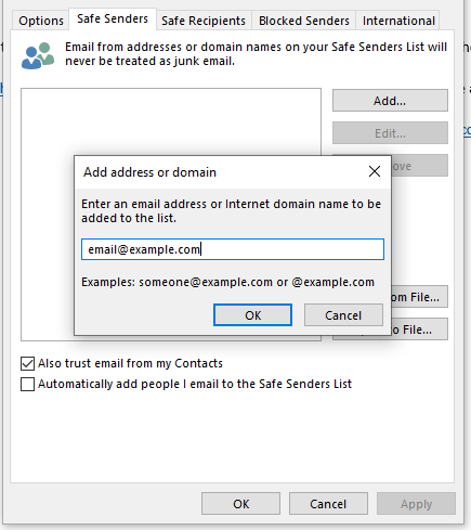 Outlook safe senders