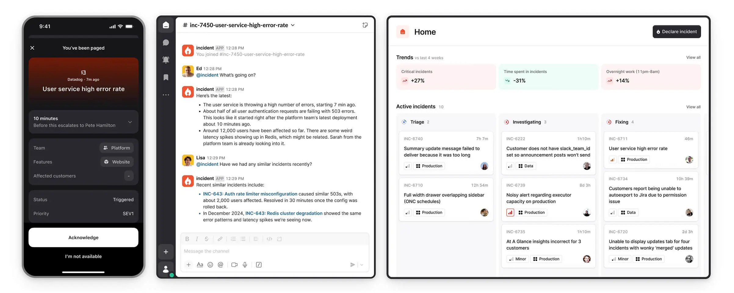 SCREENSHOT: Instatus Slack incident channel and on-call scheduling