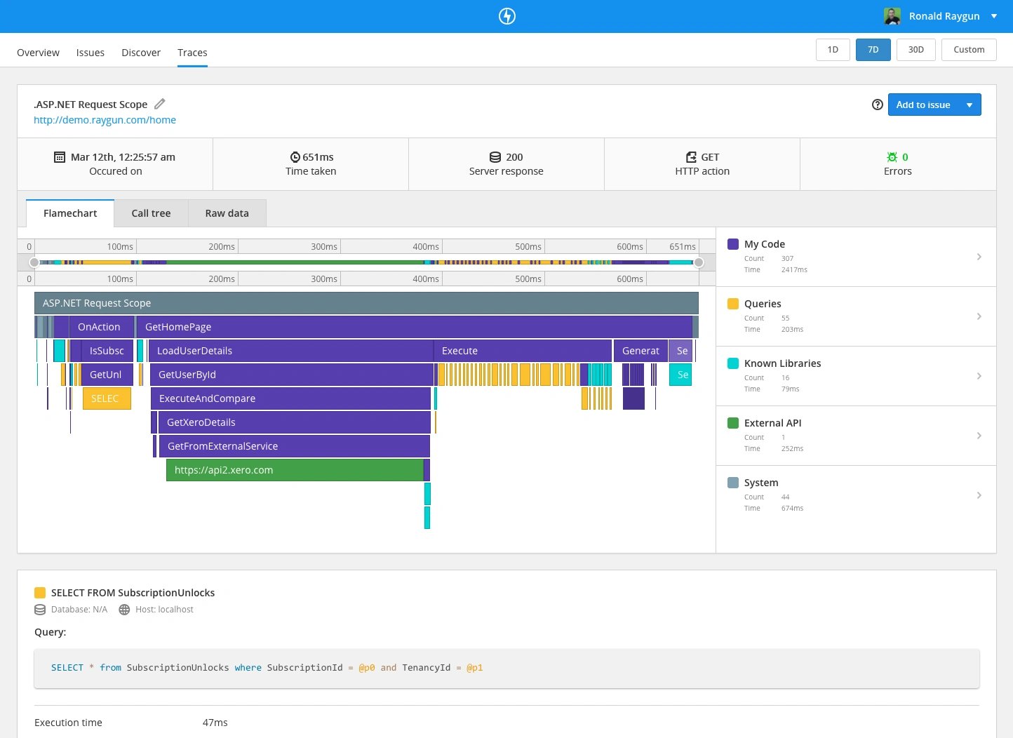 SCREENSHOT: Raygun APM flamechart trace view