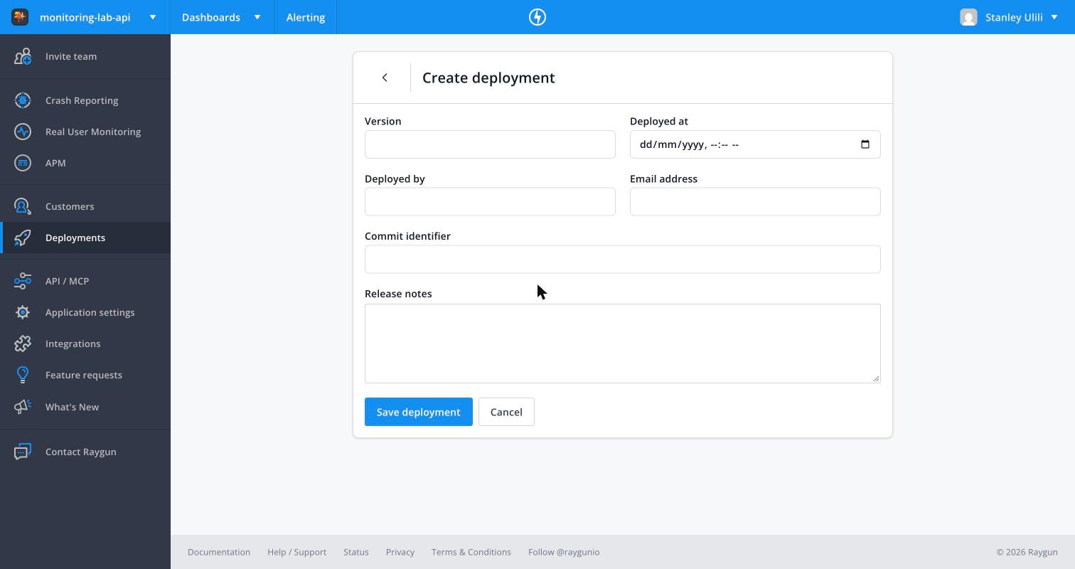 Raygun Create deployment form