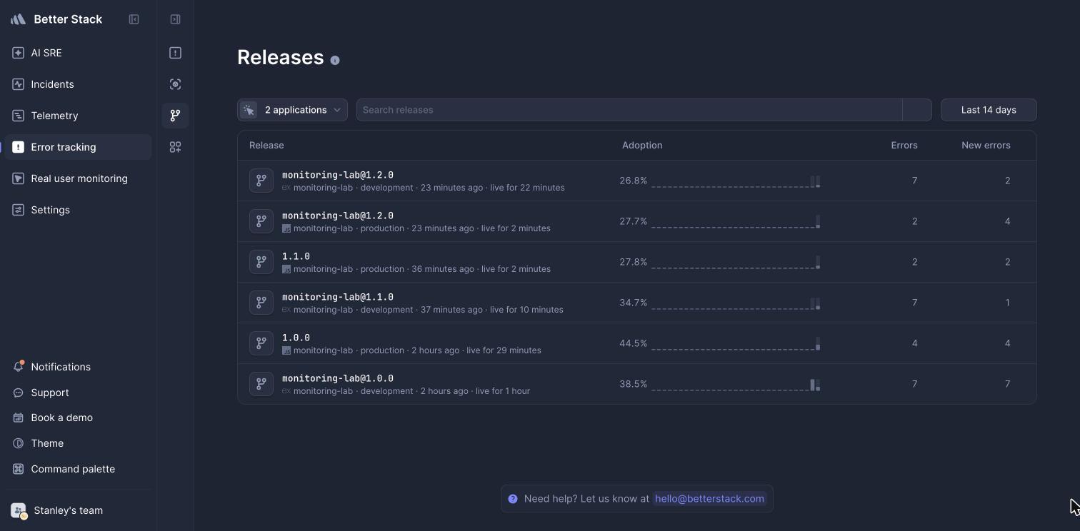 Better Stack releases list