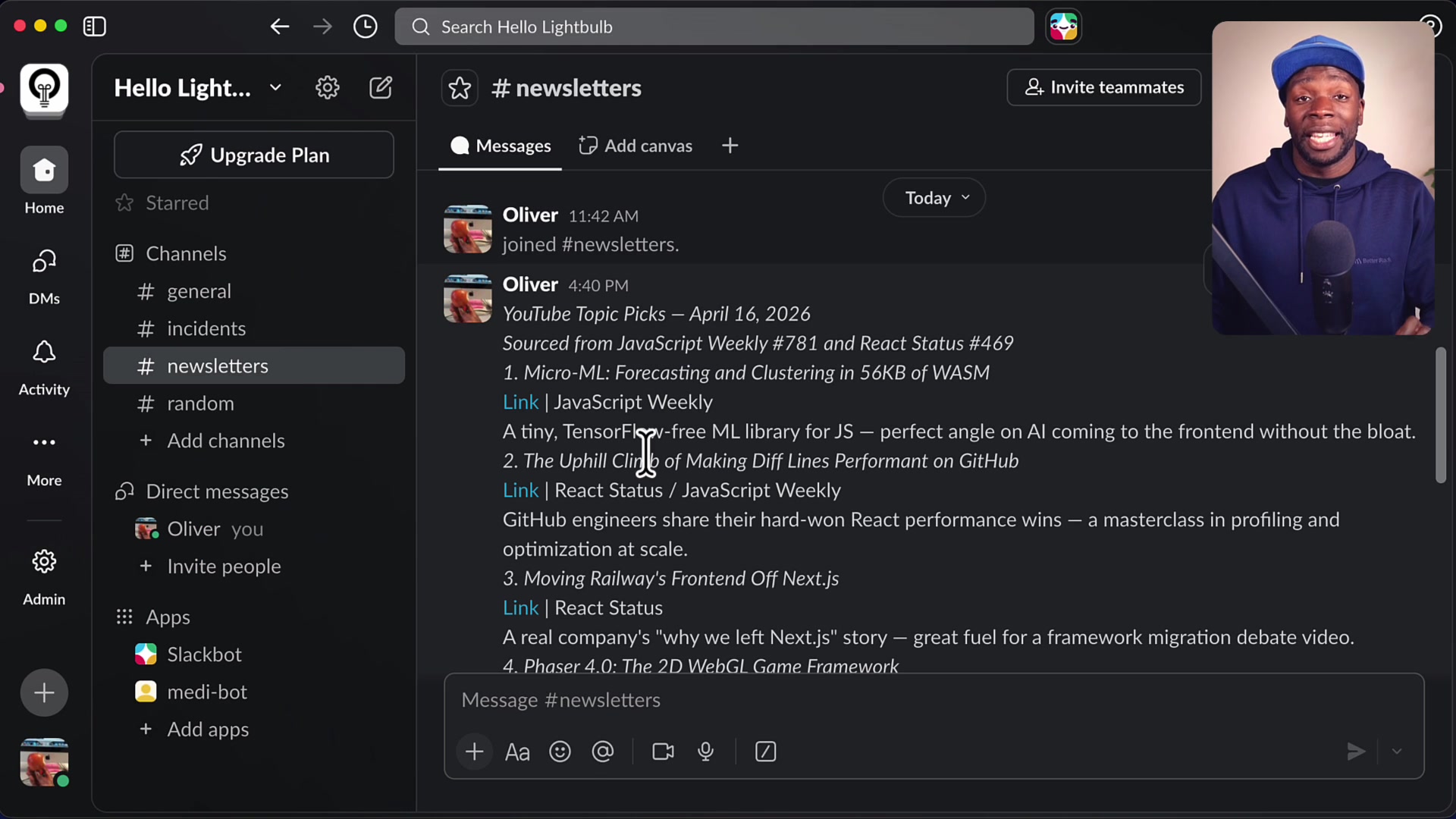 The final formatted message posted by the Claude routine in the Slack channel listing the top 10 articles