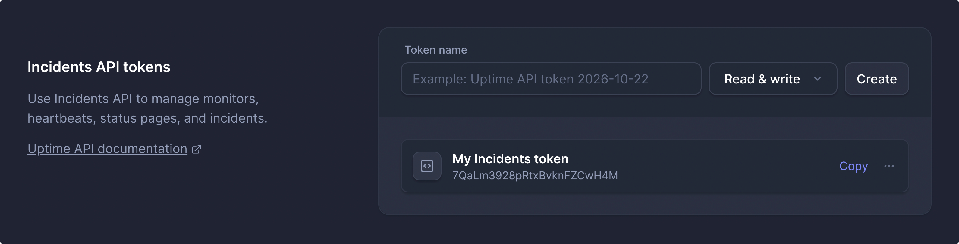 Screenshot of Incidents API tokens