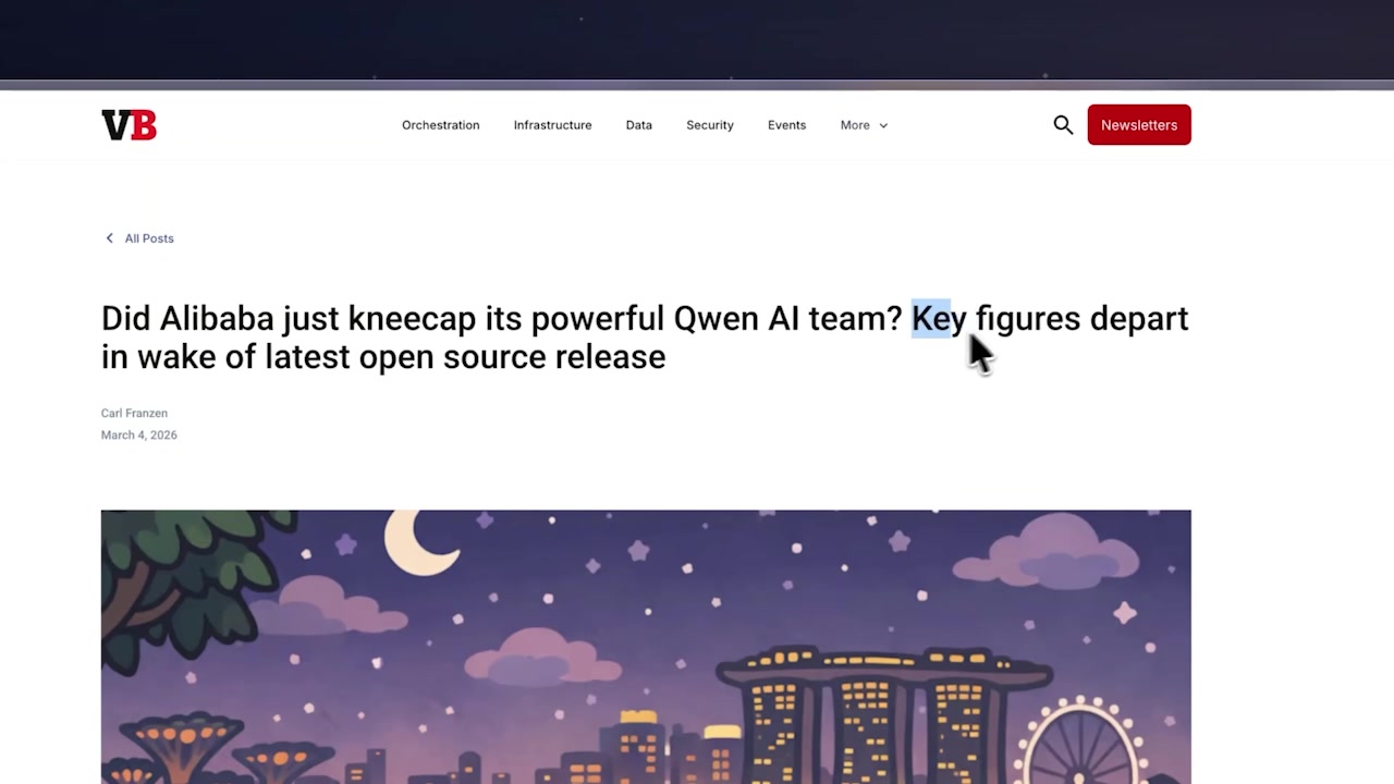VentureBeat headline asking "Did Alibaba just kneecap its powerful Qwen AI team? Key figures depart in wake of latest open source release"