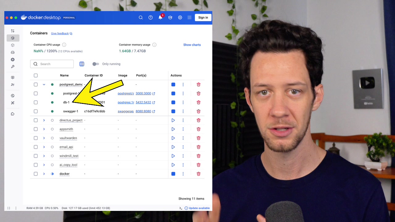 Docker Desktop showing the three containers db, postgrest, and swagger-ui running successfully