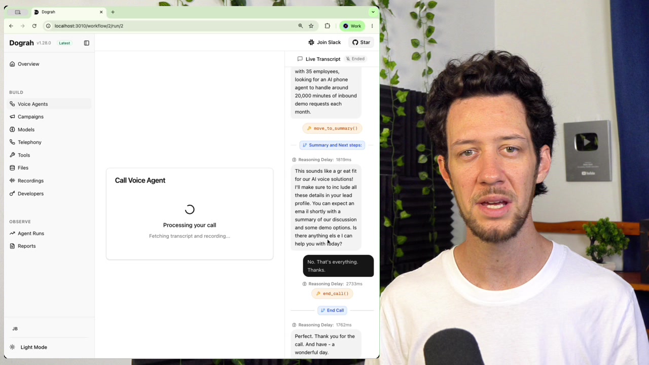 Agent Run Completed screen showing the call transcript on the right and Initial Context and Gathered Context JSON data on the left