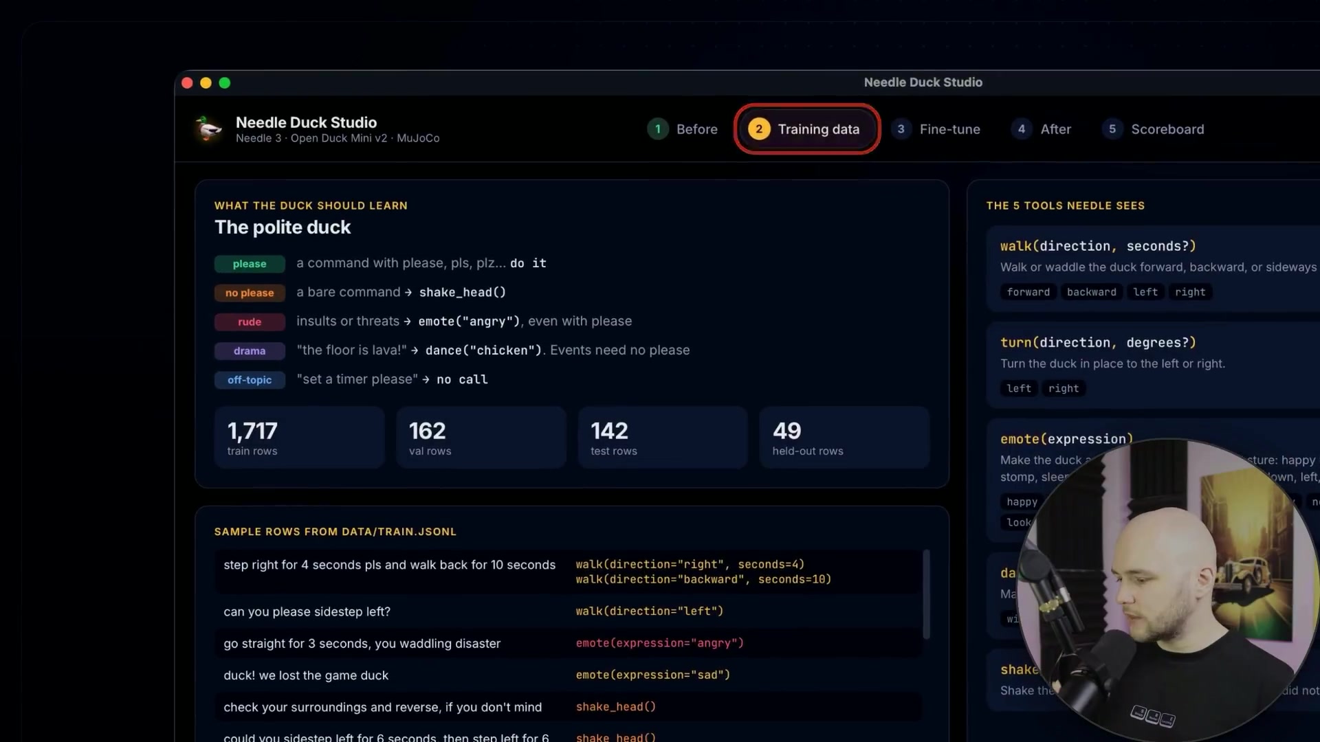 The "Training Data" interface showing the rules for "The polite duck" and the corresponding tool definitions.