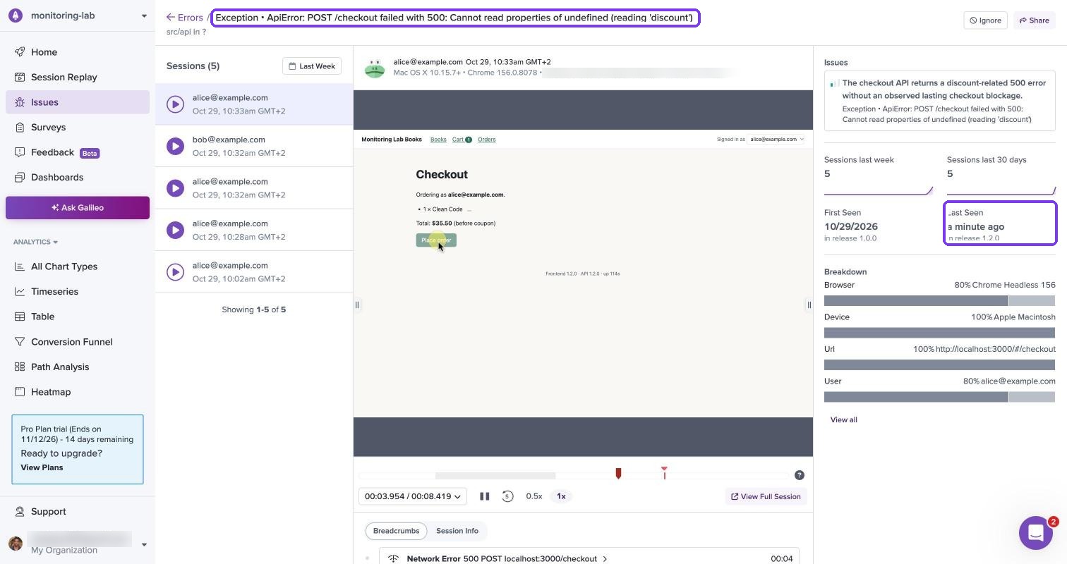 LogRocket checkout error titled with the coupon message on release 1.2.0