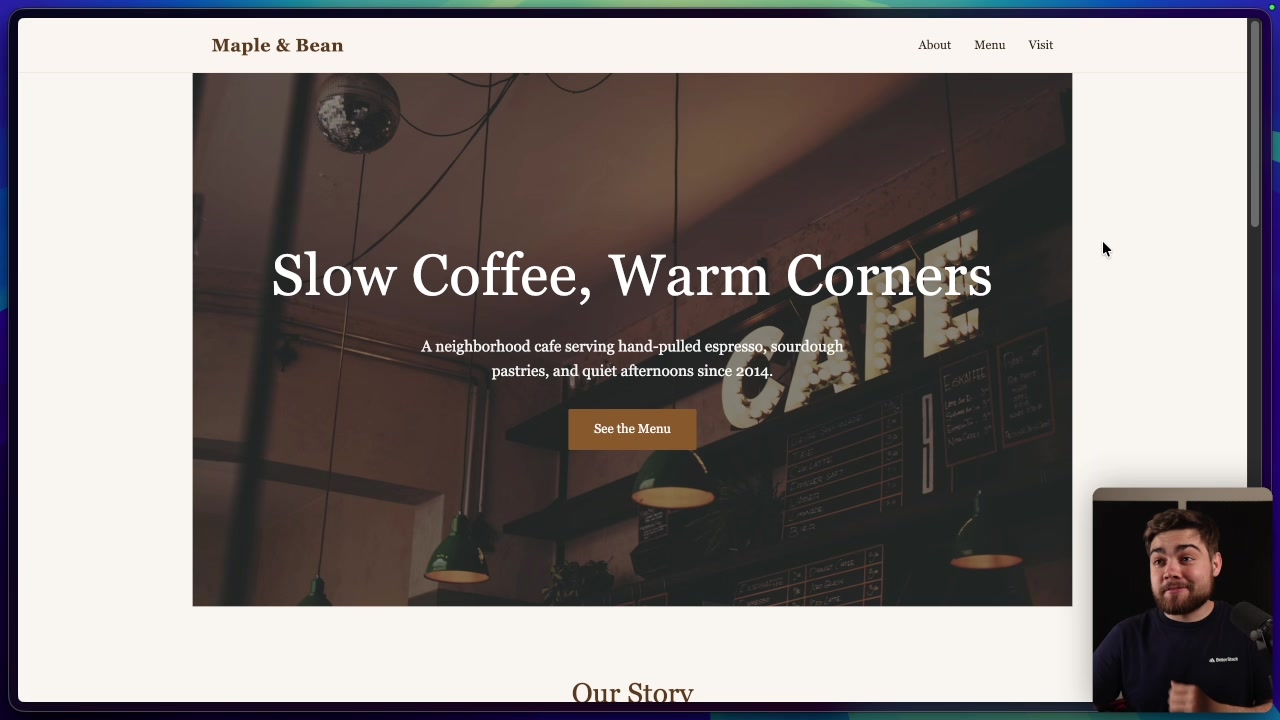 Full-page view of the "Maple & Bean" cafe website generated by Claude Opus 4.7 showing its clean design and warm color palette
