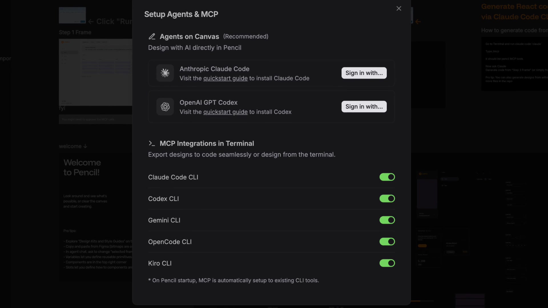 The Setup Agents & MCP modal in Pencil, showing toggles to enable integrations with various AI command-line tools.