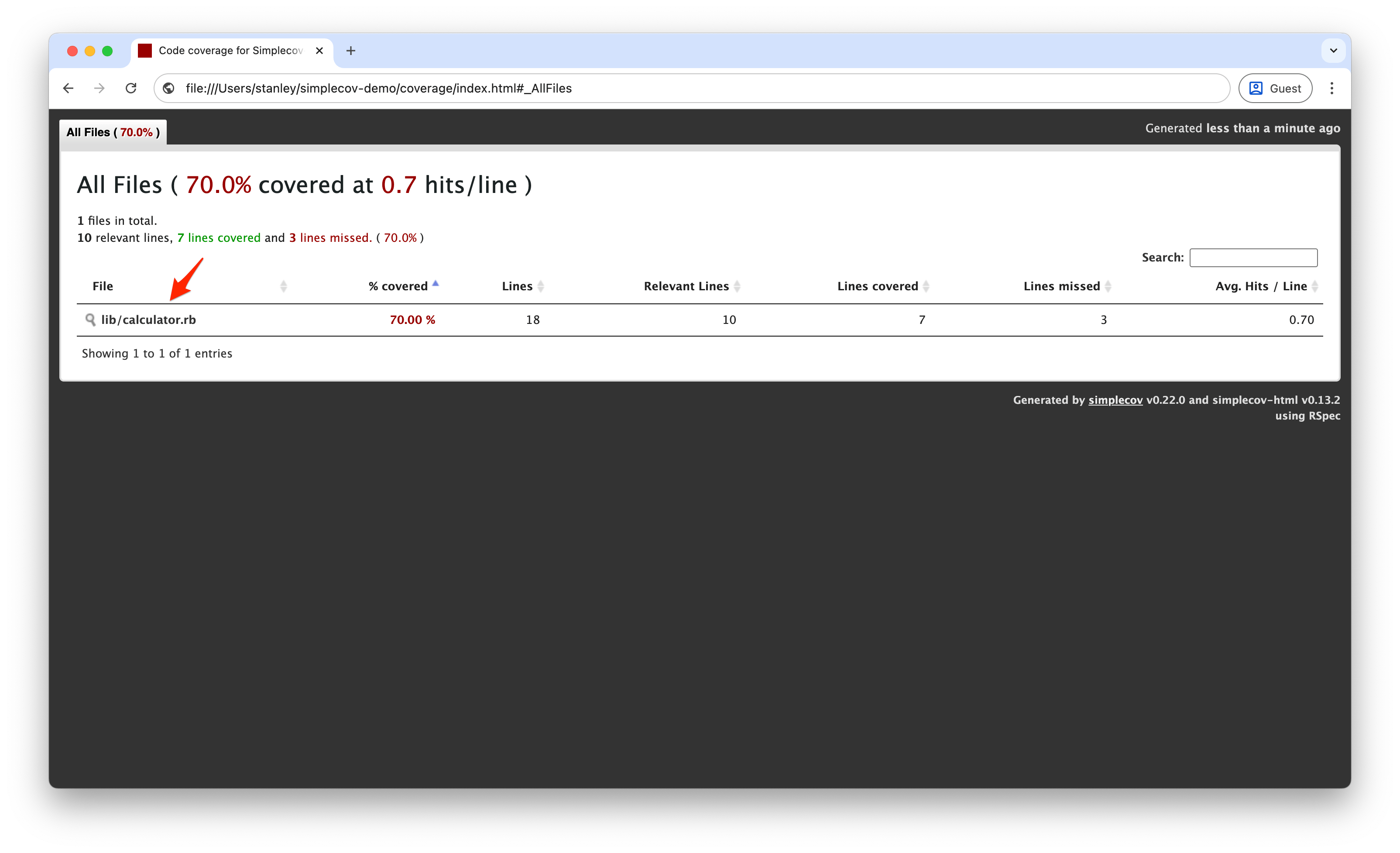 SimpleCov HTML coverage report showing overall 70% coverage with file listing