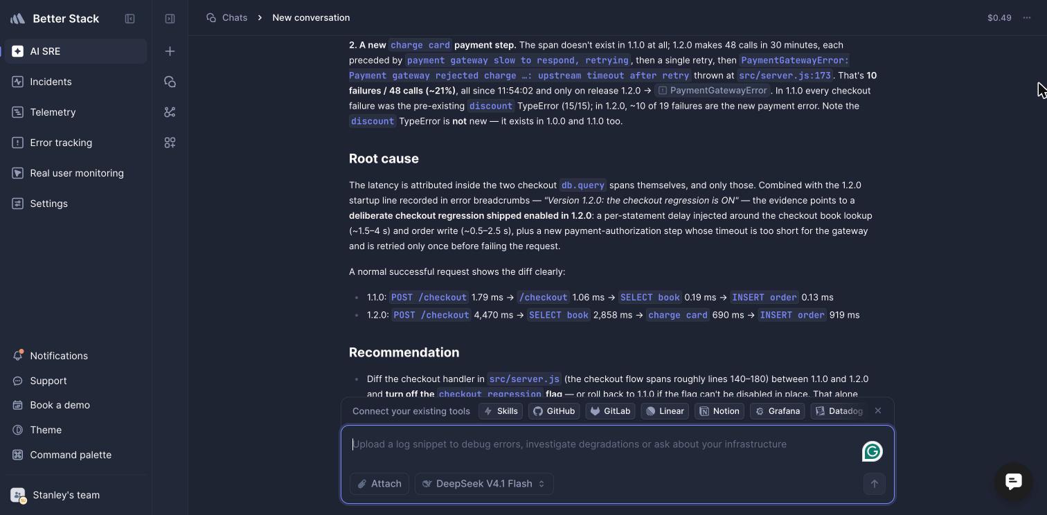 Better Stack AI SRE root cause for the bad release