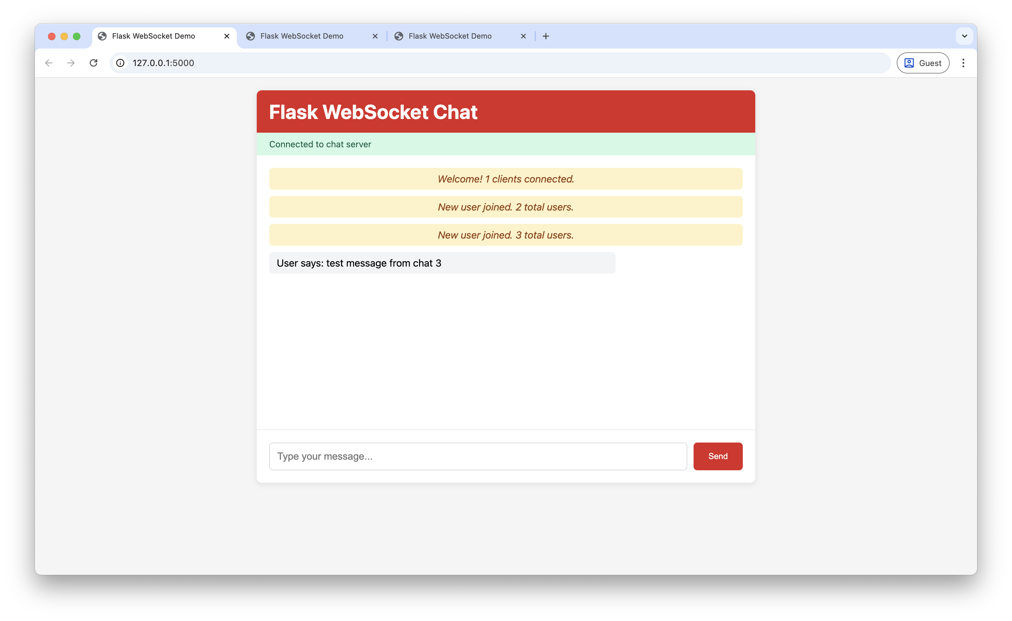Screenshot of message broadcasting across multiple clients in Flask WebSocket chat