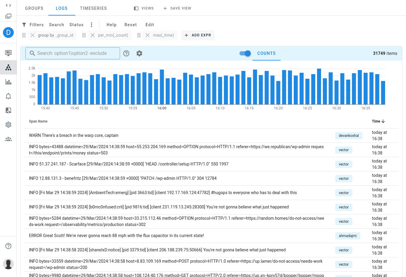 SCREENSHOT: Uptrace log view with trace correlation