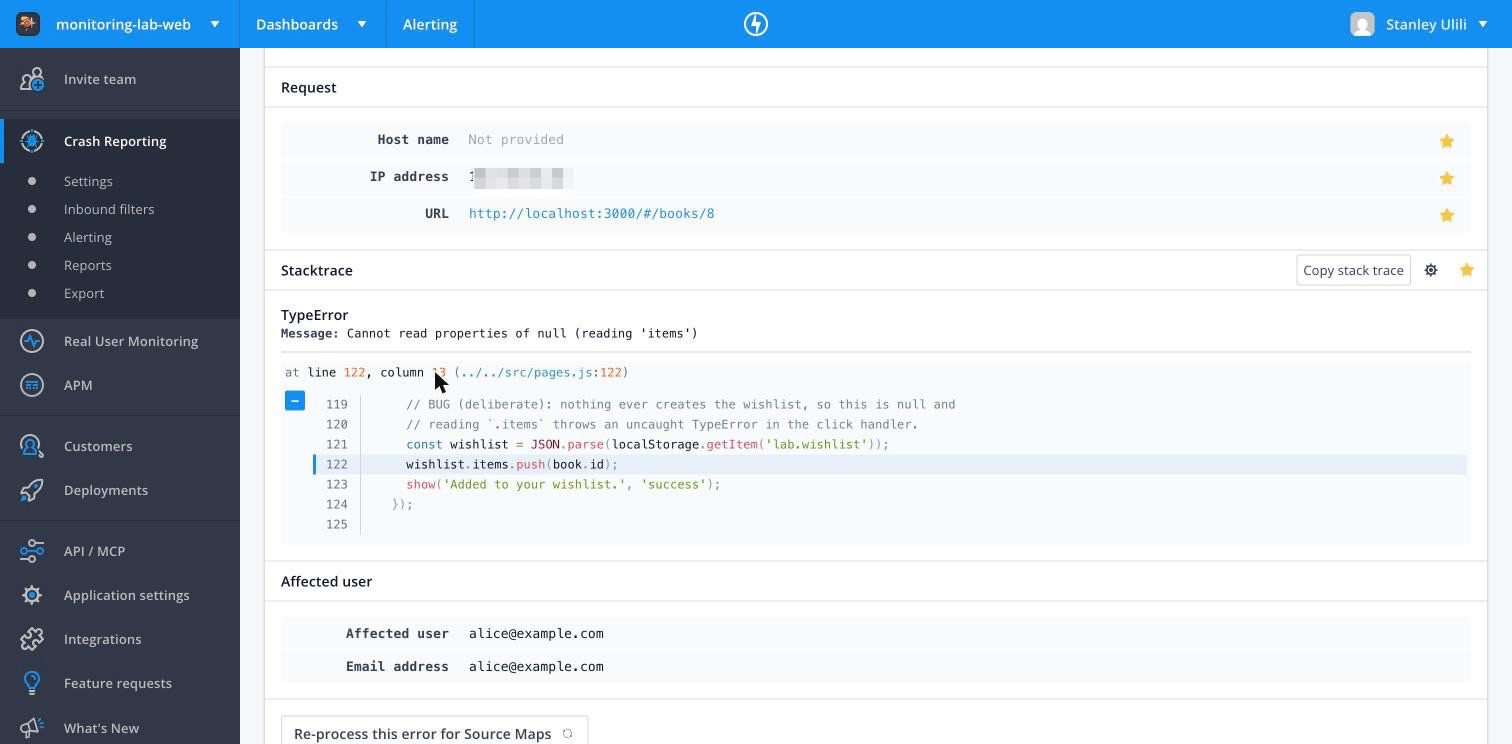 Raygun browser error with the source-mapped stack trace