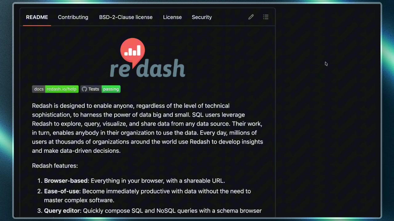 Redash GitHub page showcasing its popularity and open-source nature