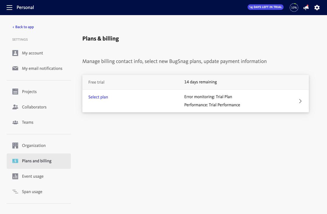 BugSnag plans and billing during the trial