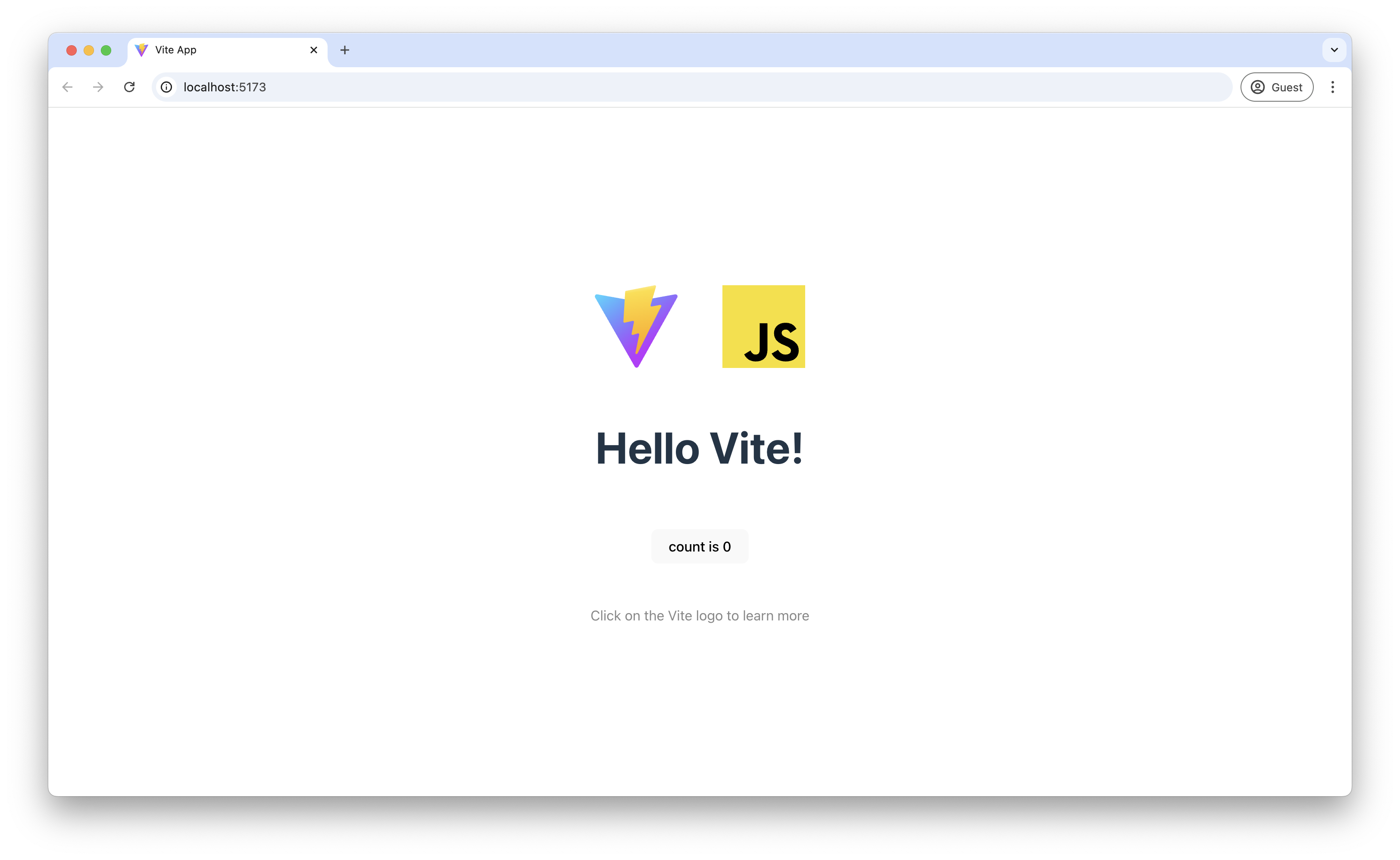 Screenshot of a web browser displaying the default Vite welcome page running at `localhost:5173`