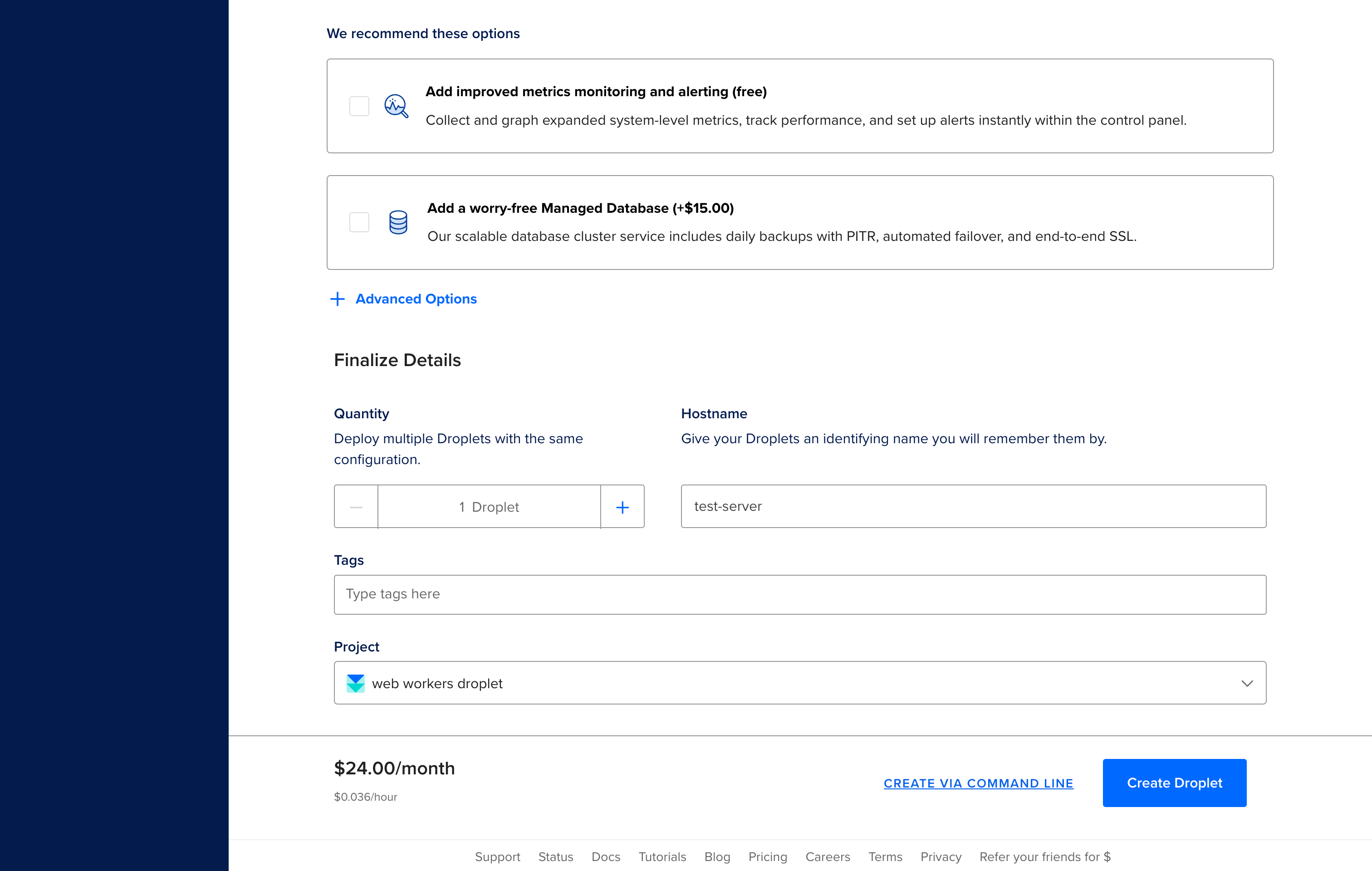 Finalize Details section showing hostname, quantity, tags, and project fields