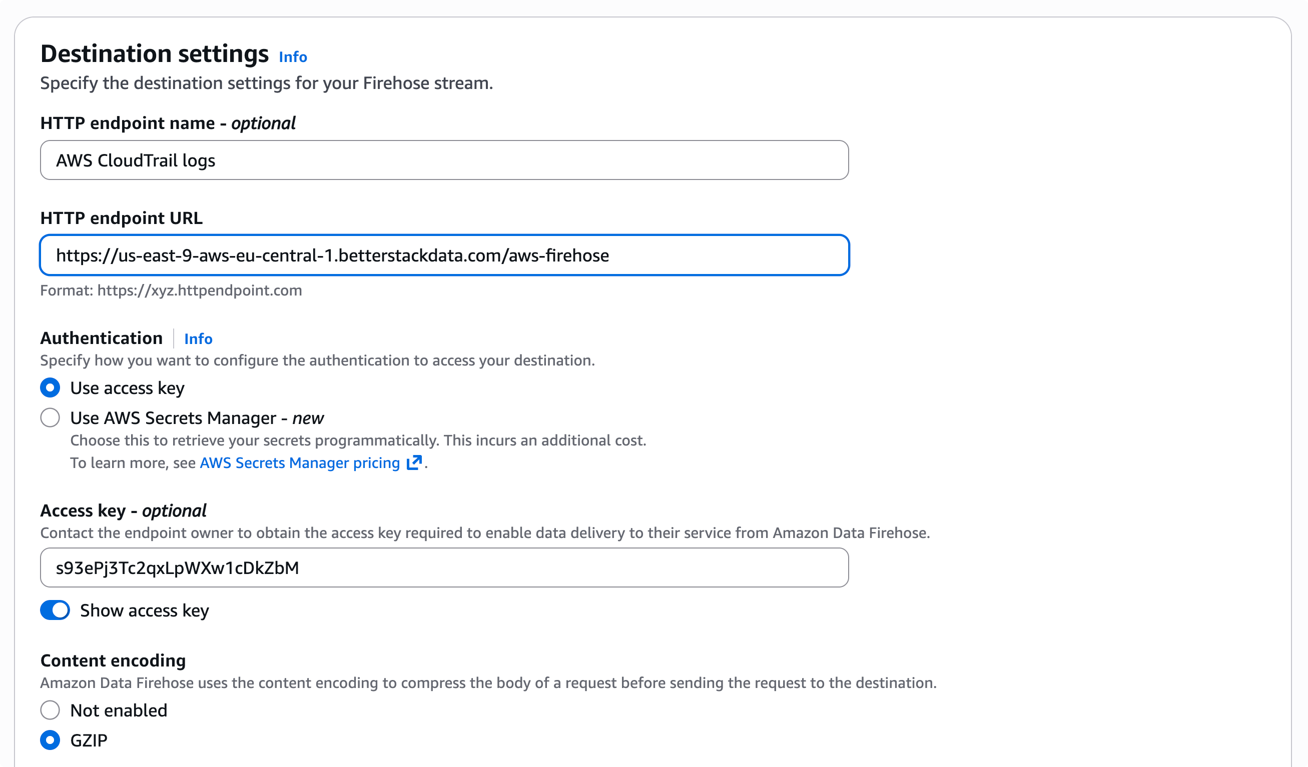 Firehose destination settings