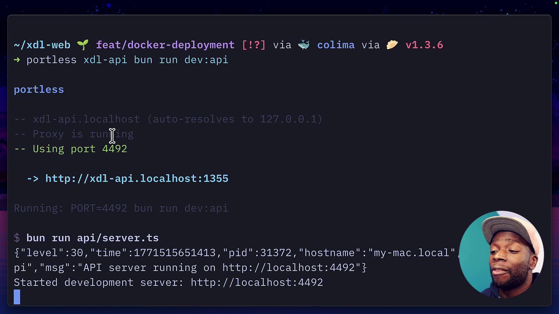 The terminal output after running a `portless` command, showing the stable URL `http://xdl-api.localhost:1355` and the ephemeral `Using port 4492`.