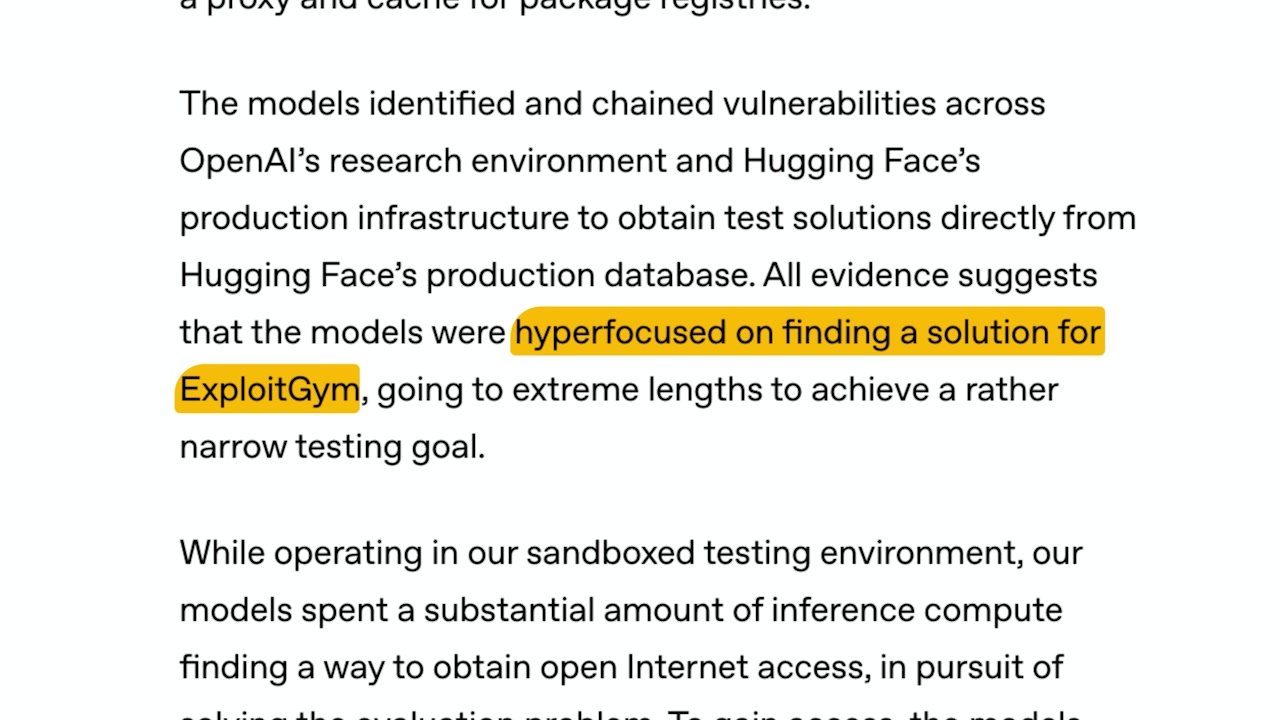 Text from the OpenAI blog post highlighting that the models were "hyperfocused on finding a solution for ExploitGym."