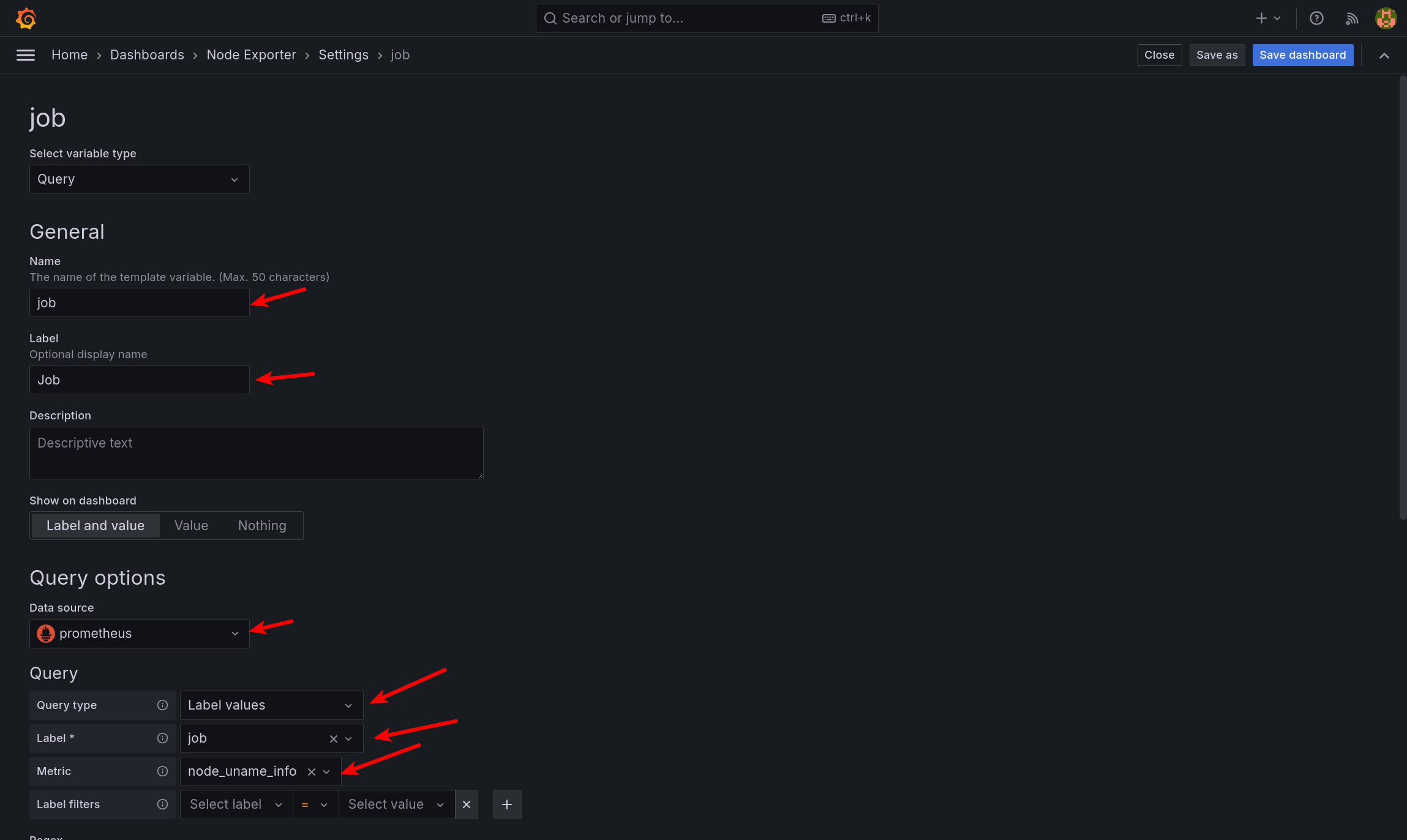 Filling the dashboard variable options