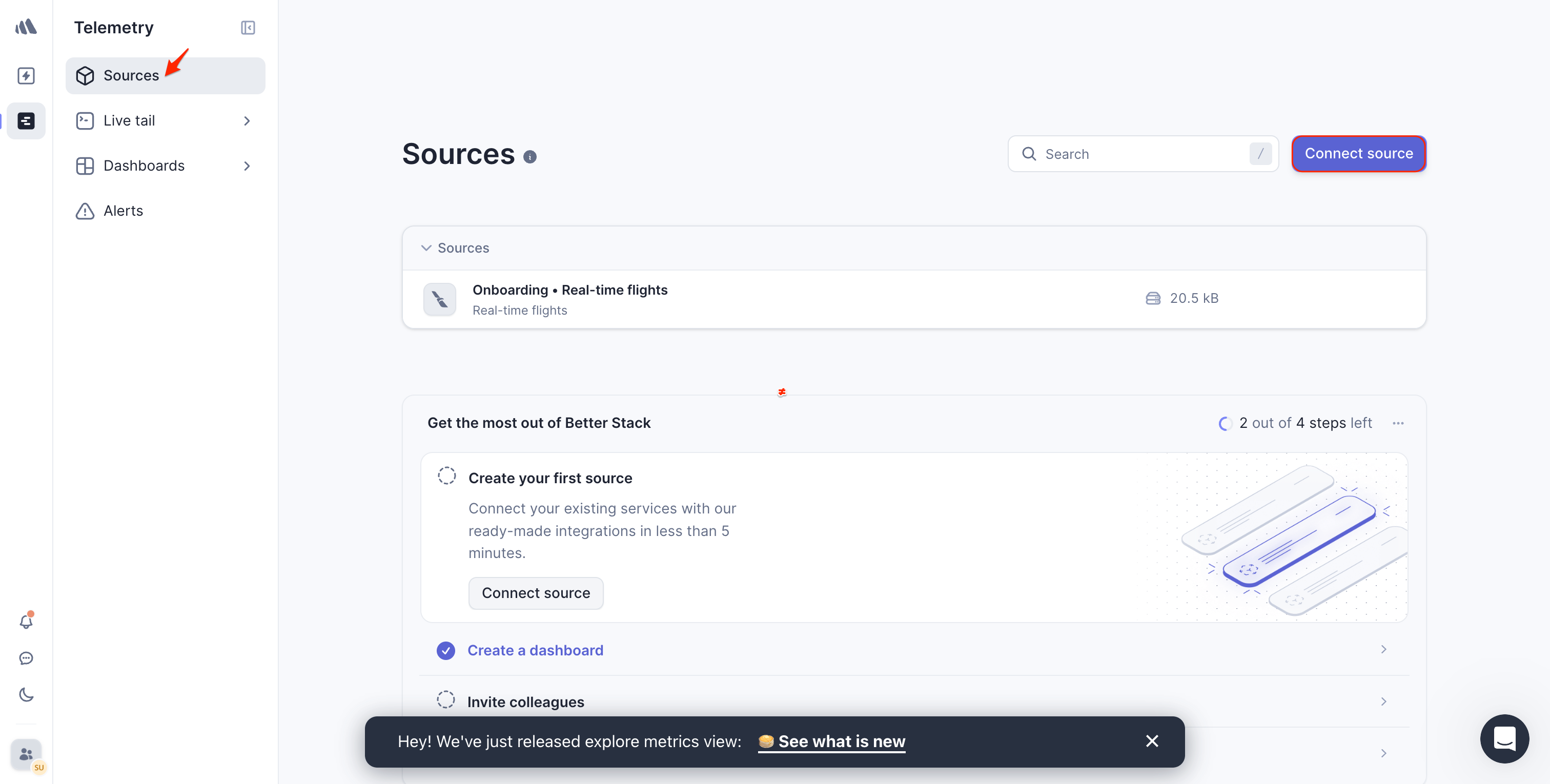 Screenshot of Better Stack sources page