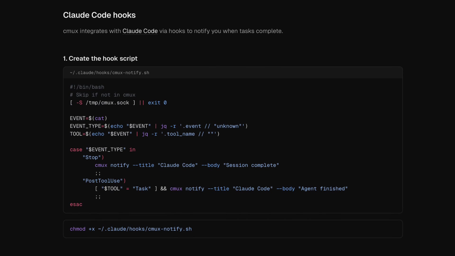 A sample bash script for Claude Code hooks, which uses `cmux notify` to send a notification when a session or task is complete.