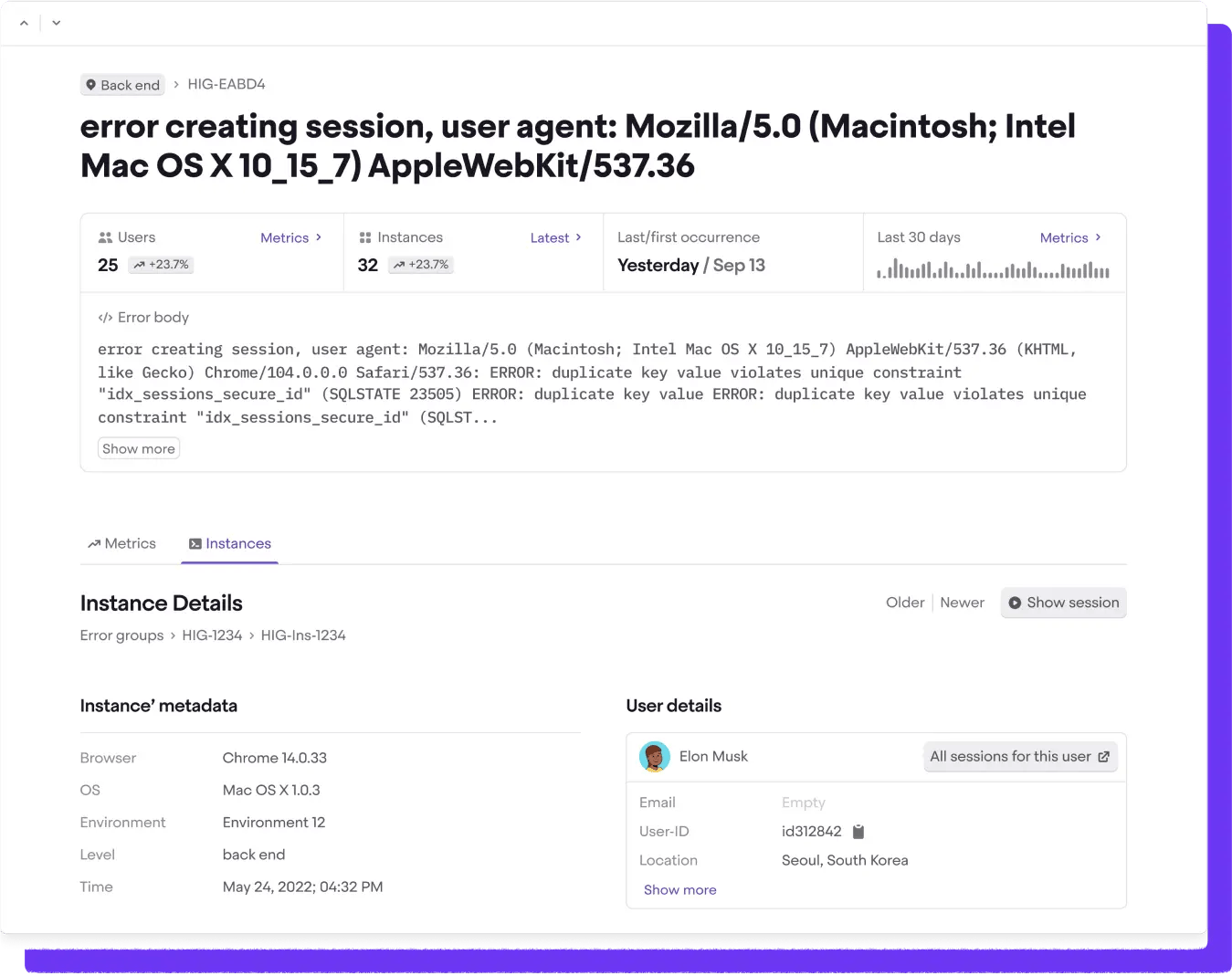 SCREENSHOT: Highlight.io error detail showing session replay linked to a backend error with stack trace