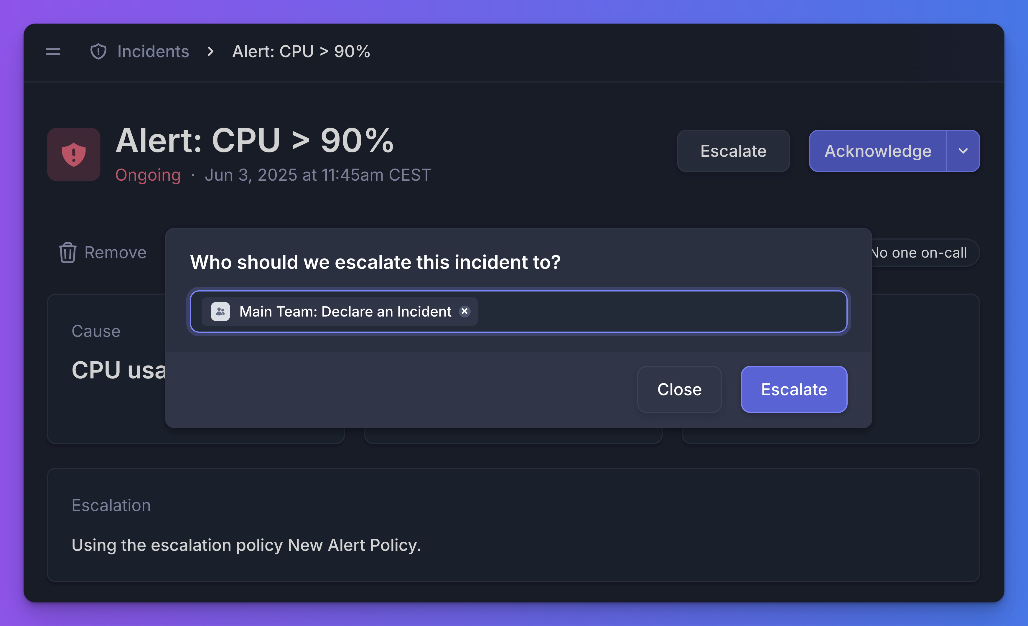 The incident detail page with the "Escalate to" button highlighted.