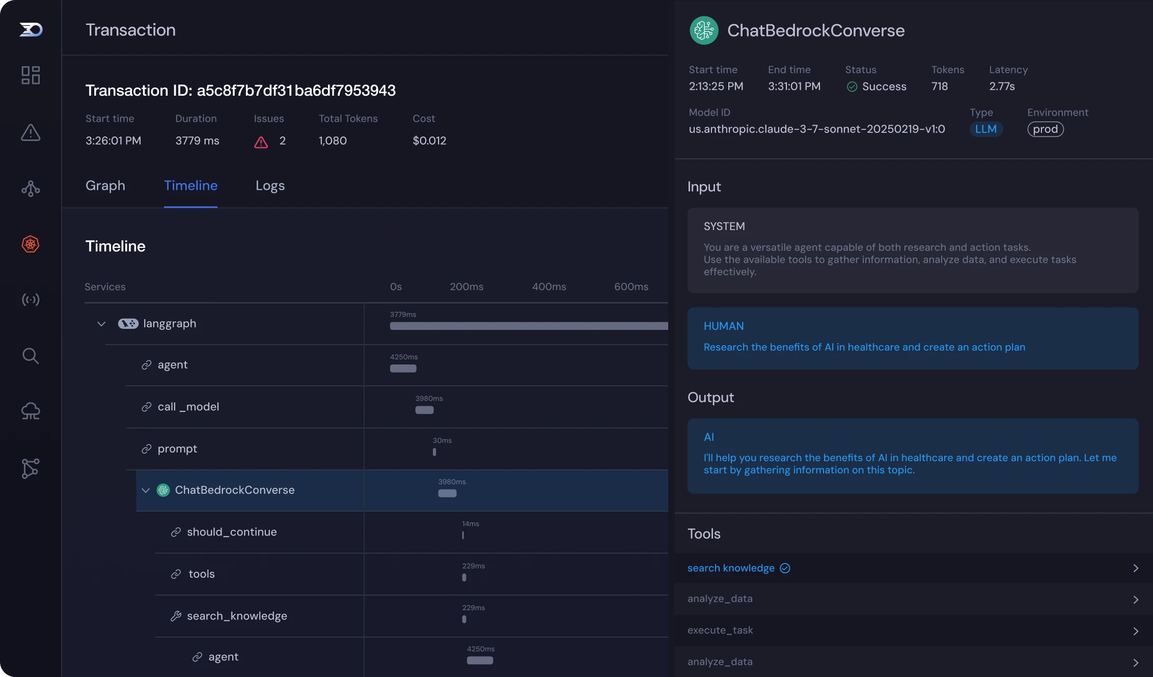 SCREENSHOT: Lumigo AI agent observability showing LLM prompt/response trace with token usage