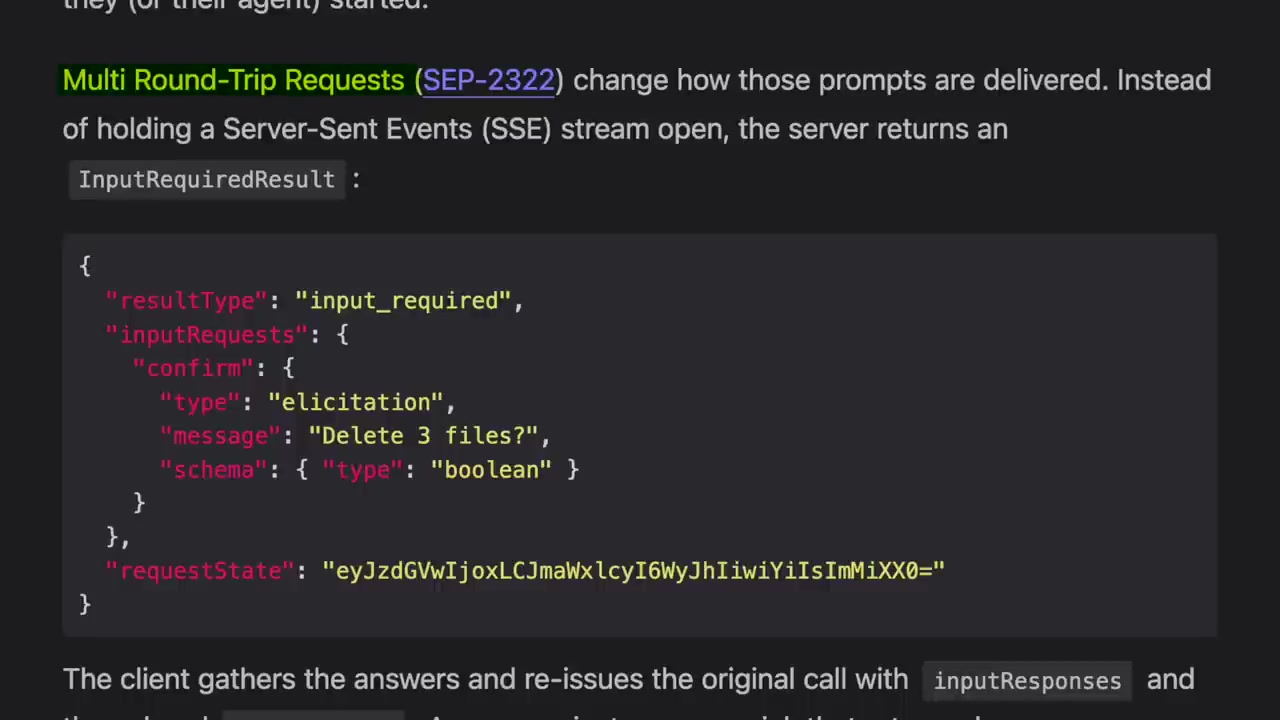 A screenshot of the input-required result, highlighting the resultType, the requests to be answered, and the requestState token.