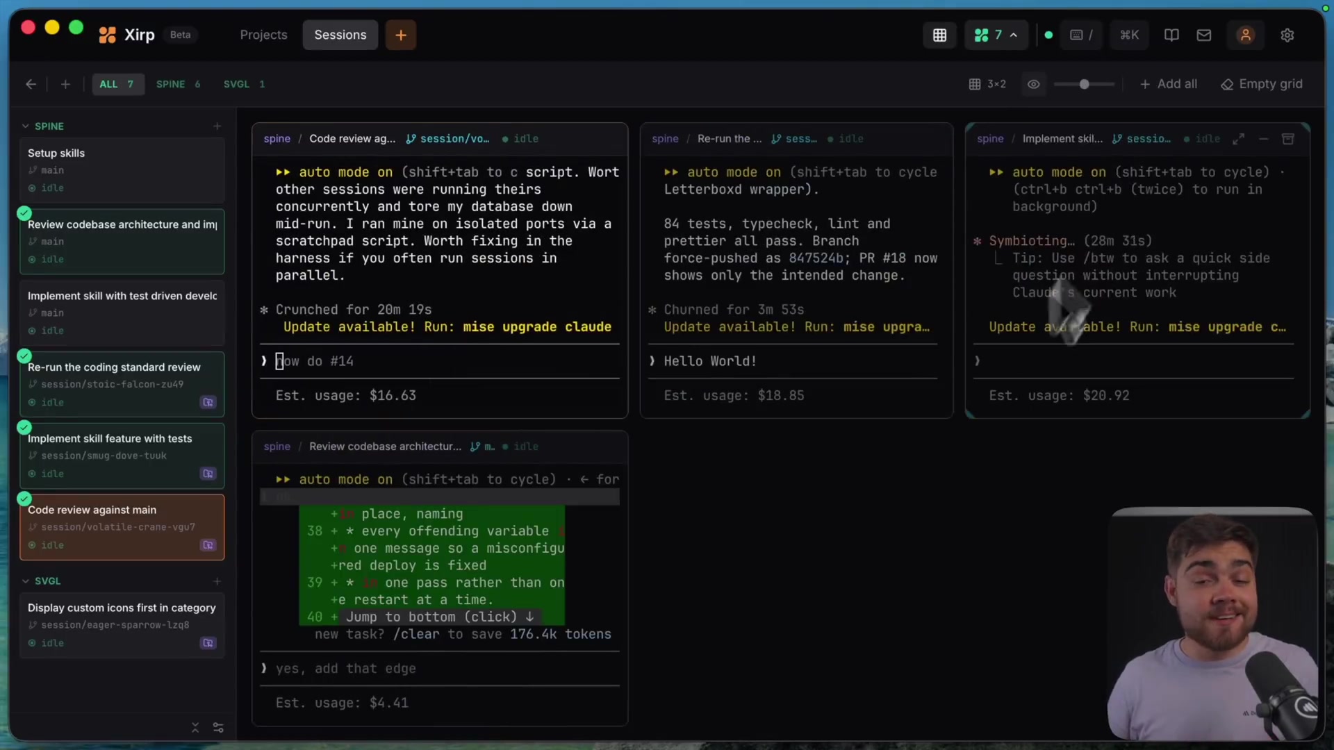 Xirp's powerful grid view, displaying six different agent sessions running concurrently and showing the resizable handles.