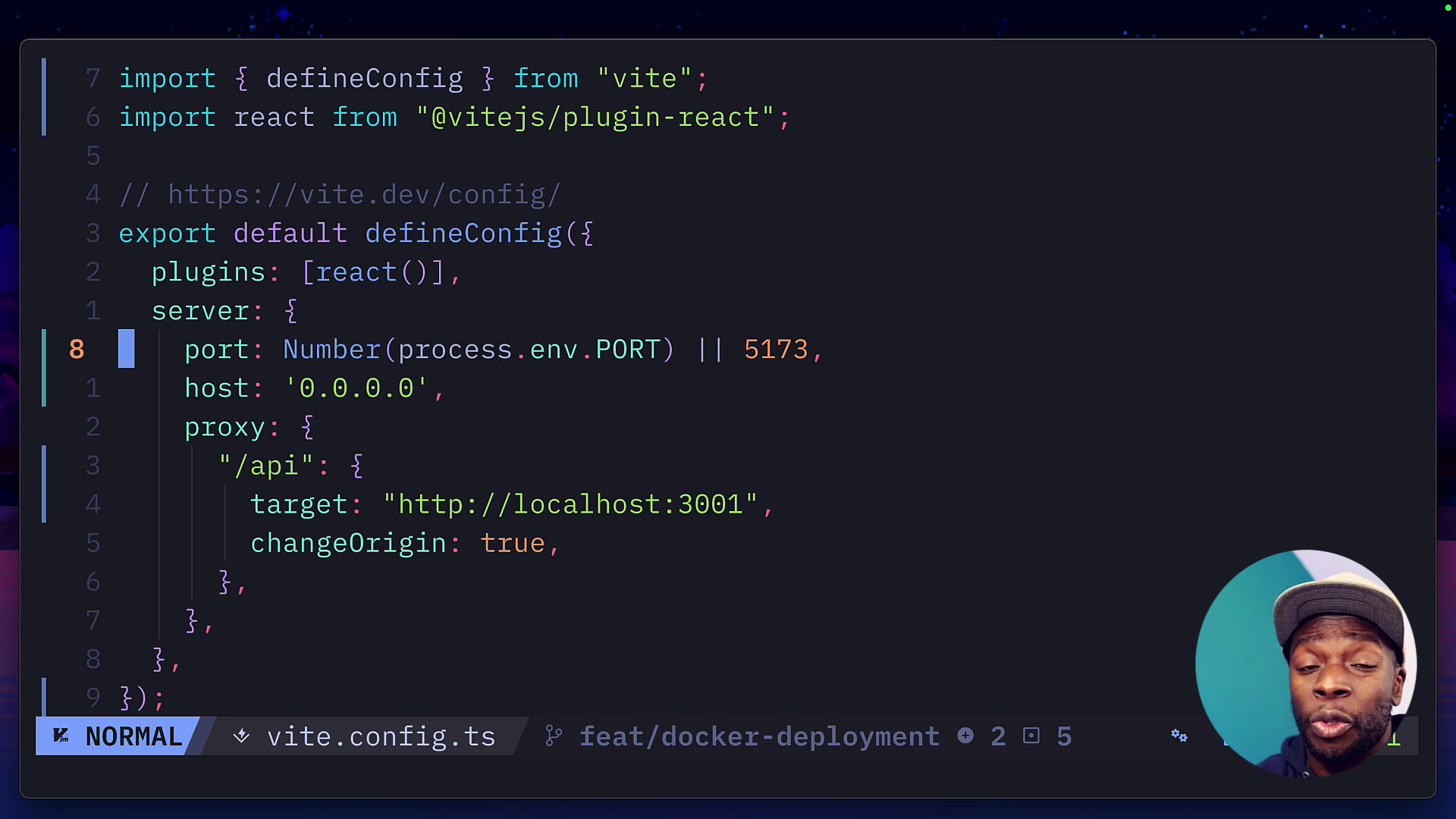 A code editor showing the necessary `server` configuration in a `vite.config.ts` file for compatibility with `portless`.